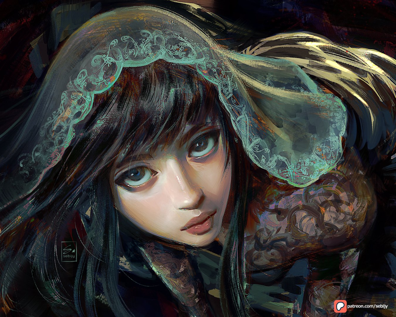 sebijy, character request, commentary, copyright request, symbol-only commentary, 1girl, artist name, black dress, black eyes, black hair, closed mouth, dress, lace, lace sleeves, looking at viewer, patreon logo, see-through clothes, see-through veil, solo, veil, watermark, web address
