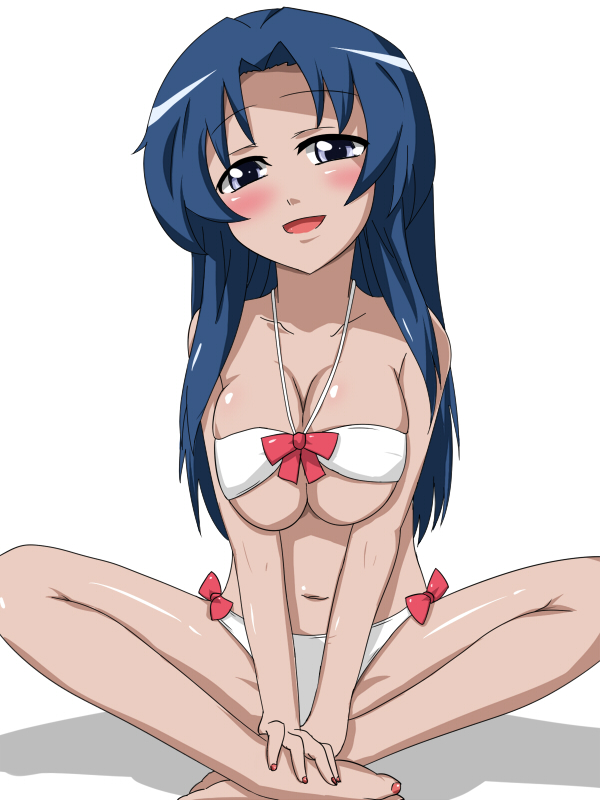 shiratori serano, kawashima ami, toradora!, bad id, bad pixiv id, 00s, 1girl, bikini, black eyes, blue hair, breasts, breasts squeezed together, crossed legs, female focus, indian style, large breasts, long hair, sitting, solo, swimsuit, white bikini
