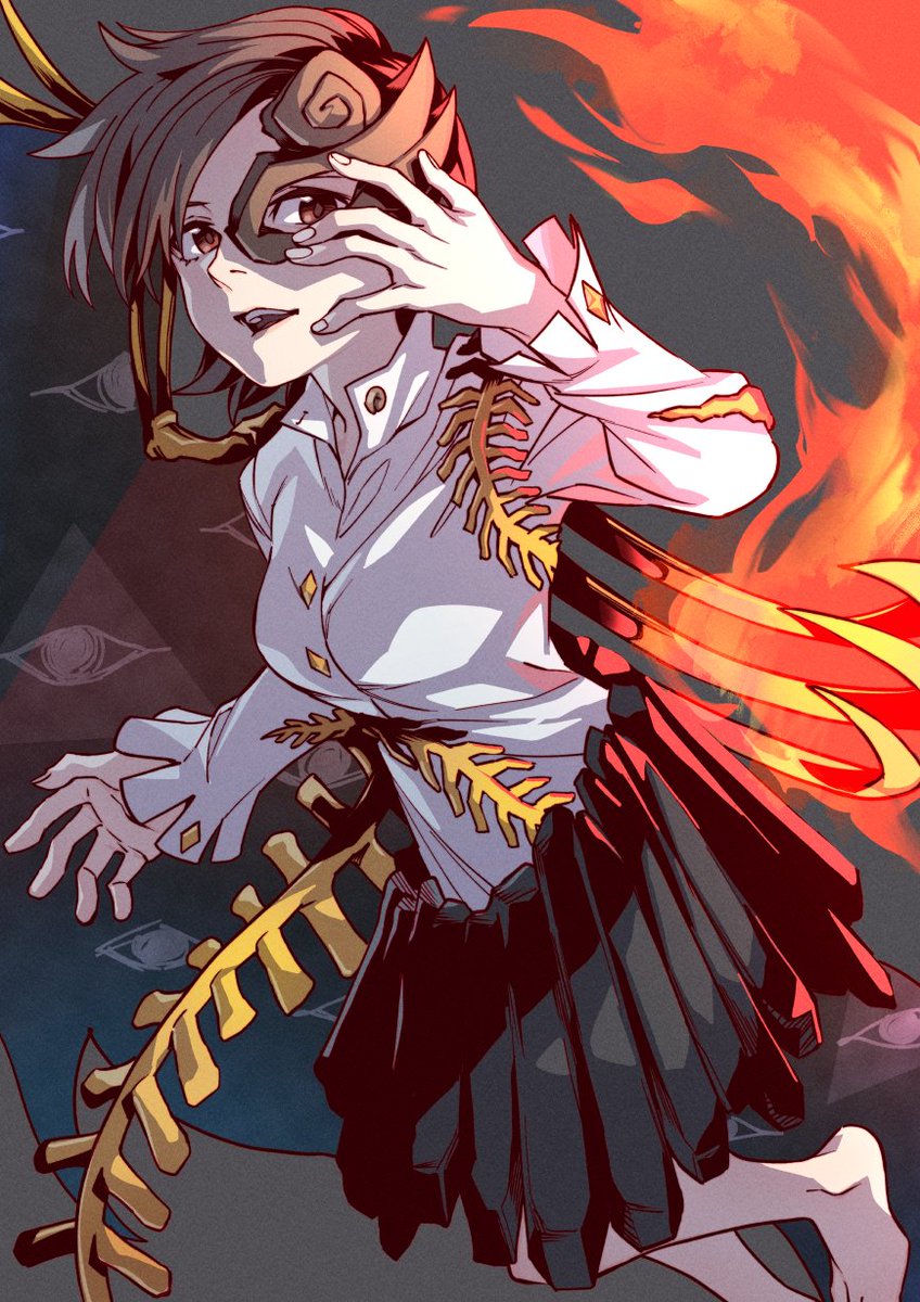 kamabokopic, iwanaga ariya, fossilized wonders, touhou, highres, 1girl, barefoot, brown hair, half mask, long sleeves, mask, puffy long sleeves, puffy sleeves, red eyes, shirt, short hair, single wing, smile, solo, white shirt, wings