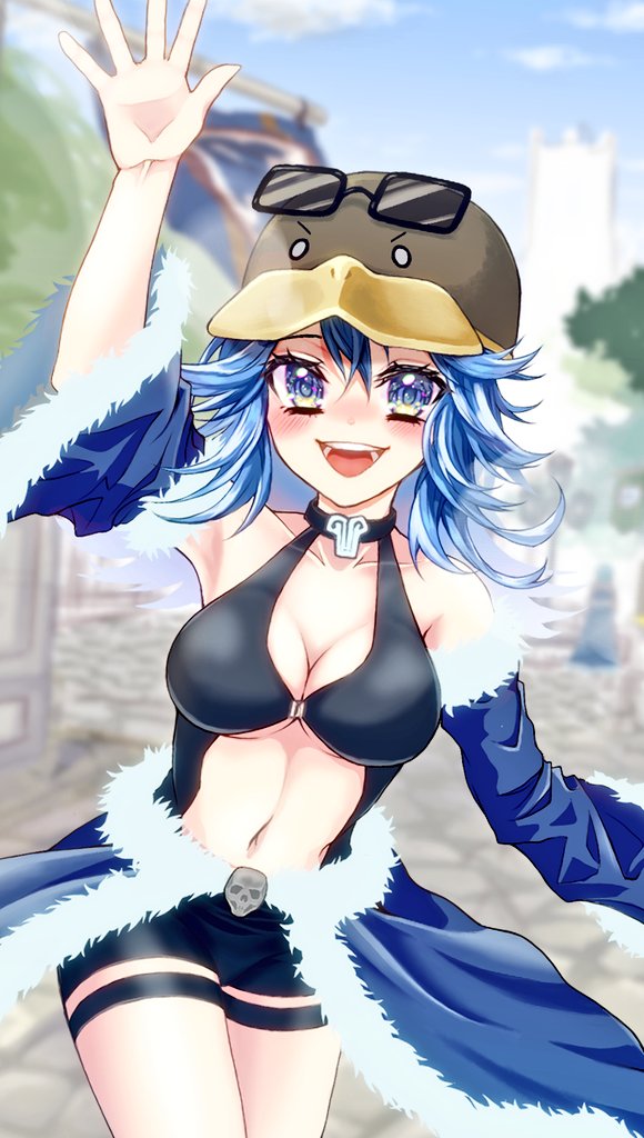 stalker (ragnarok online), ragnarok online, commentary request, 1girl, arm up, armpits, banner, black shorts, black tank top, blue cape, blue eyes, blue hair, blue sky, blue sleeves, blurry, blurry background, blush, breasts, cape, cleavage, clothing cutout, cloud, cobblestone, cowboy shot, day, detached sleeves, eyewear on headwear, fujita (fuzuneko), fur-trimmed cape, fur-trimmed sleeves, fur trim, hat, large breasts, long hair, looking at viewer, navel, open mouth, outdoors, penguin hat, short shorts, shorts, sky, smile, solo, stomach cutout, sunglasses, tank top, teeth, tree, waist cape, waving