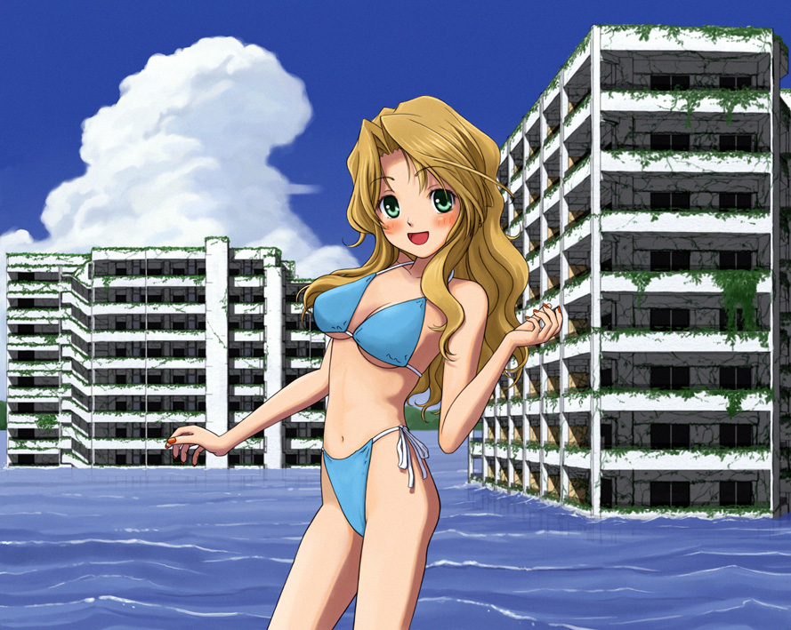 isozaki bebebe, futaba riho, dream c club, dream c club (series), bad id, bad pixiv id, 1girl, bikini, brown hair, building, day, female focus, green eyes, long hair, overgrown, ruins, scenery, solo, swimsuit, water