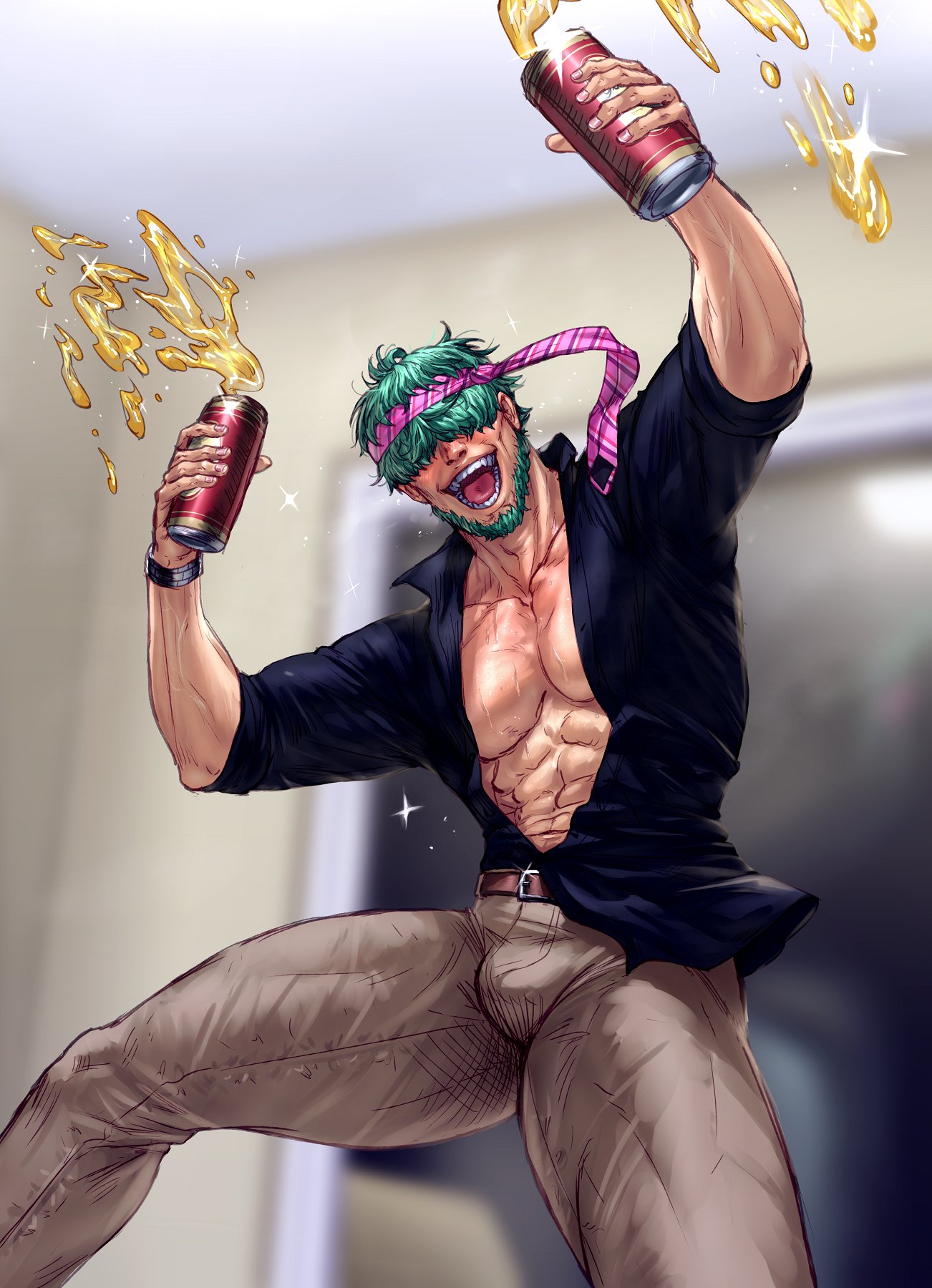 carless (ppanic), lowen (fire emblem), fire emblem, fire emblem: the blazing blade, nintendo, commentary, commission, english commentary, highres, 1boy, abs, alternate costume, alternate facial hair, alternate muscle size, bara, beard, belt, blurry, blurry background, can, collared shirt, contemporary, facial hair, green hair, hair over eyes, holding, holding can, large pectorals, male focus, muscular, muscular male, necktie, necktie on head, open clothes, open mouth, open shirt, pectoral cleavage, pectorals, shirt, short hair, sleeves rolled up, solo, tongue, watch, wristwatch