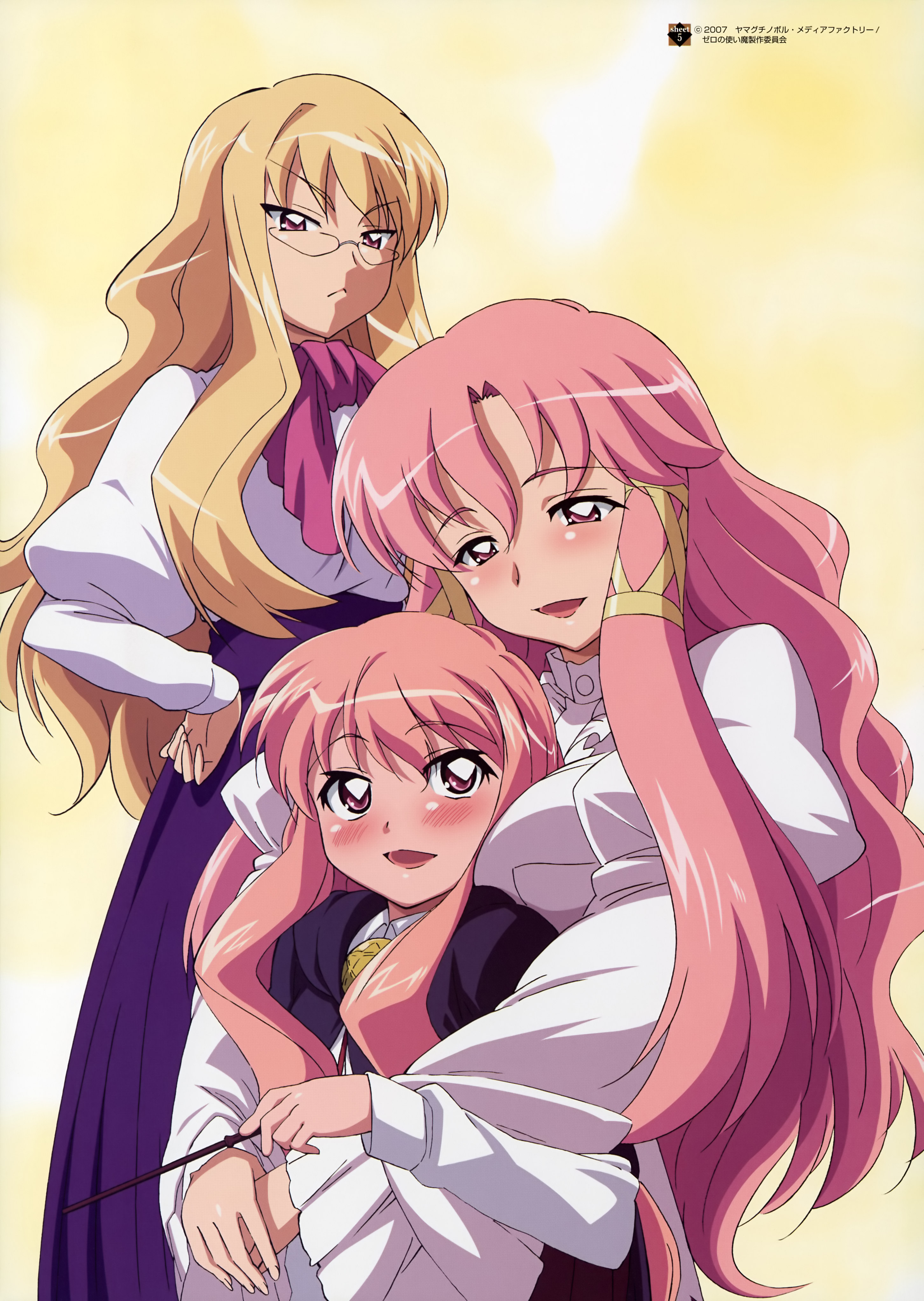 cattleya yvette la baume le blanc de la fontaine, eleanor albertine le blanc de la blois de la valliere, louise francoise le blanc de la valliere, zero no tsukaima, absurdres, artist request, highres, 00s, blonde hair, glasses, hug, long hair, pink eyes, pink hair, siblings, sisters, wand