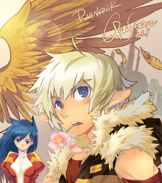 questiongx, high priest (ragnarok online), sniper (ragnarok online), ragnarok online, commentary, 1boy, 1girl, bird, black shirt, blonde hair, blue eyes, blue hair, copyright name, dated, dress, factory, feathers, fur-trimmed shirt, fur trim, juliet sleeves, long hair, long sleeves, looking at viewer, open mouth, pointy ears, puffy sleeves, red dress, shirt, short hair, sleeveless, sleeveless shirt, two-tone dress, upper body, white dress