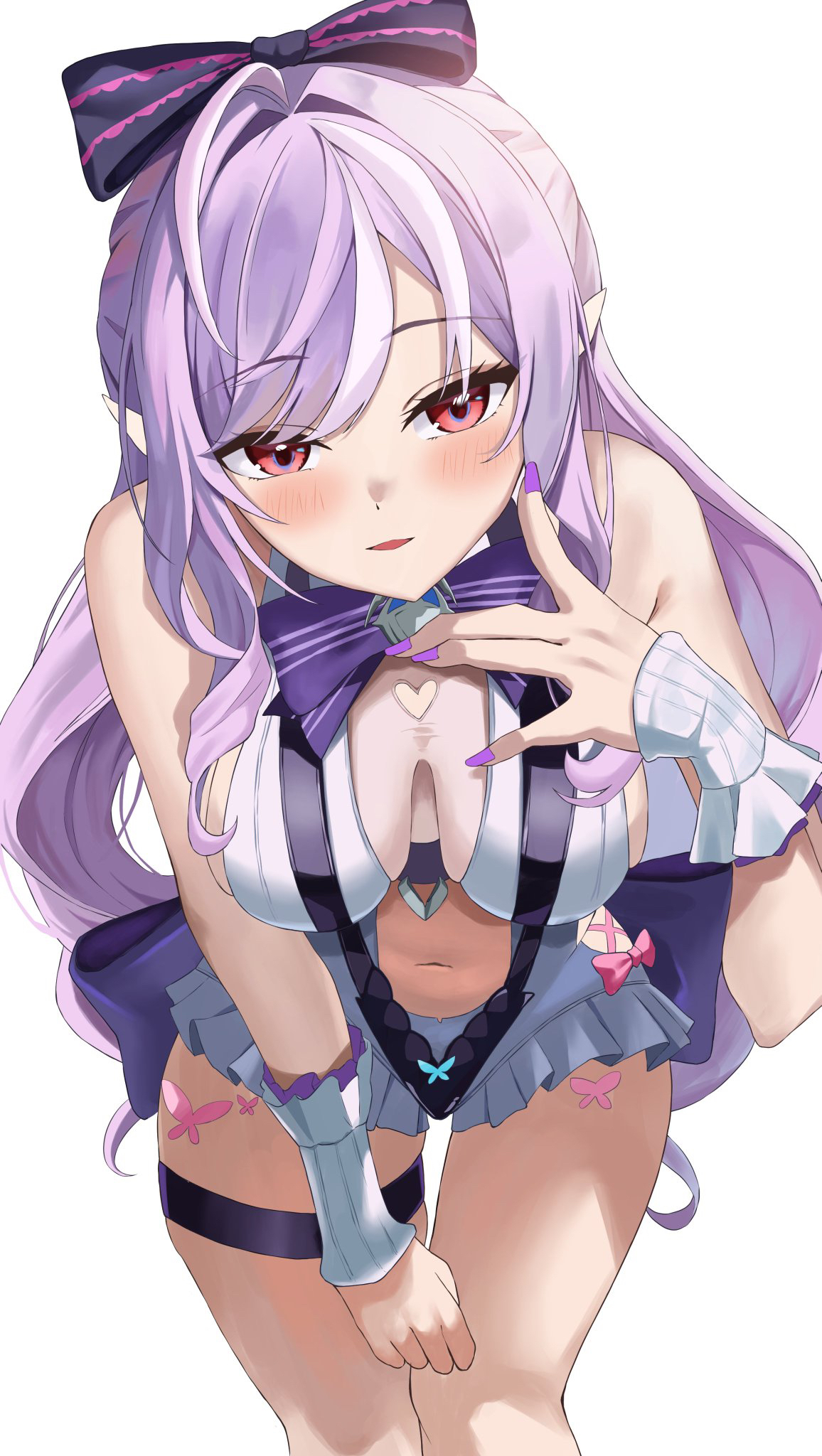 higashiwun izumi, vivian banshee, vivian banshee (iris of the shore), zenless zone zero, highres, 1girl, breasts, cleavage, large breasts, looking at viewer, multicolored hair, nail polish, official alternate costume, one-piece swimsuit, open mouth, pointy ears, purple hair, purple nails, red eyes, smile, solo, streaked hair, swimsuit, thigh strap, white hair, white one-piece swimsuit