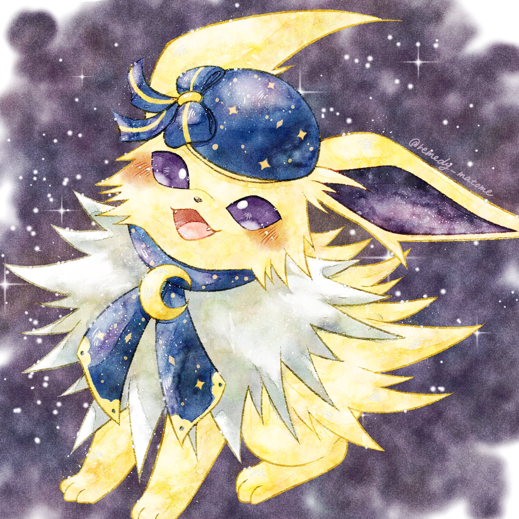 remedy matome, jolteon, jolteon (starry sky), nintendo, pokemon, pokemon cafe remix, highres, :d, animal focus, animal hands, blue bow, blue hat, blue scarf, bow, crescent moon, fangs, fluffy, full body, gen 1 pokemon, hat, looking at viewer, moon, neck fur, no humans, open mouth, pokemon (creature), pokemon focus, purple background, purple eyes, scarf, simple background, sitting, smile, space print, starry sky print, white fur, yellow fur