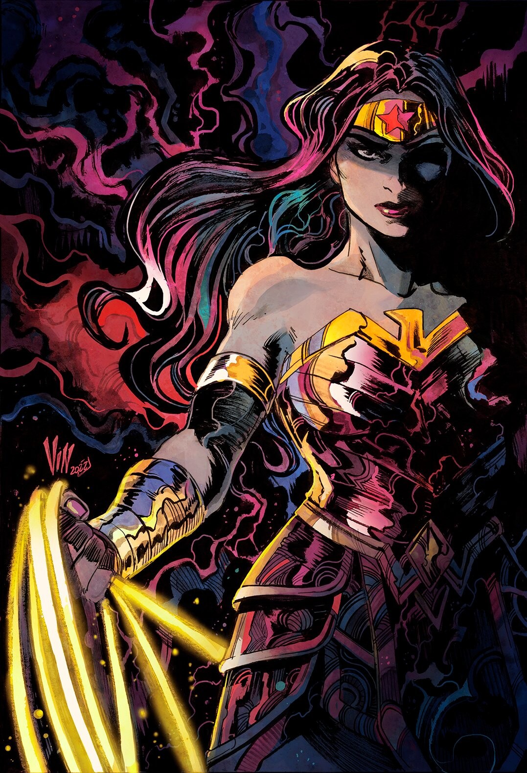 vinartwork, diana prince, wonder woman, dc comics, wonder woman (series), highres, 1girl, abstract background, artist name, bare shoulders, black hair, bracer, circlet, dark background, gold bracer, holding, holding lasso, lasso, lasso of truth, long hair, muscular, muscular female, signature, solo, star (symbol), superhero costume, tiara, weapon, western comics (style)