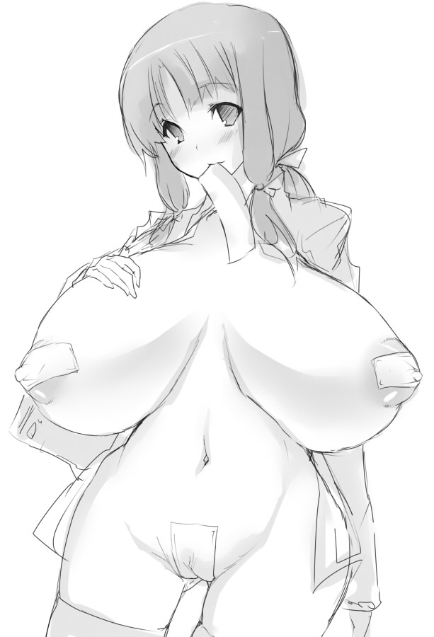 goban, original, 1girl, breasts, breasts apart, cameltoe, covered erect nipples, curvy, female focus, greyscale, huge breasts, long hair, looking at viewer, maebari, monochrome, mouth hold, nipples, nude, pasties, puffy nipples, simple background, solo, thighhighs, white background