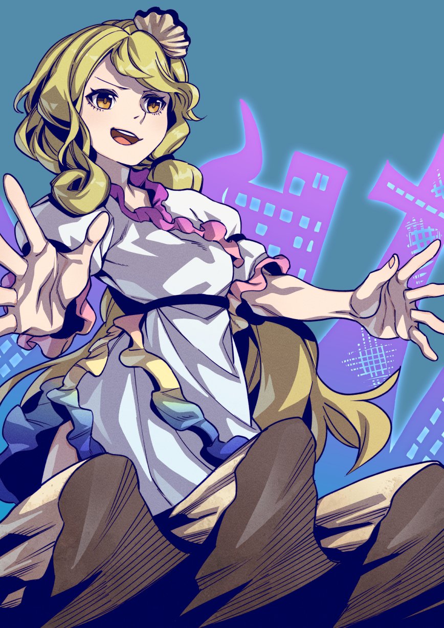 kamabokopic, watari nina, fossilized wonders, touhou, highres, 1girl, blonde hair, dress, frilled dress, frills, hair ornament, open mouth, puffy short sleeves, puffy sleeves, shell, shell hair ornament, short sleeves, smile, solo, white dress, yellow eyes