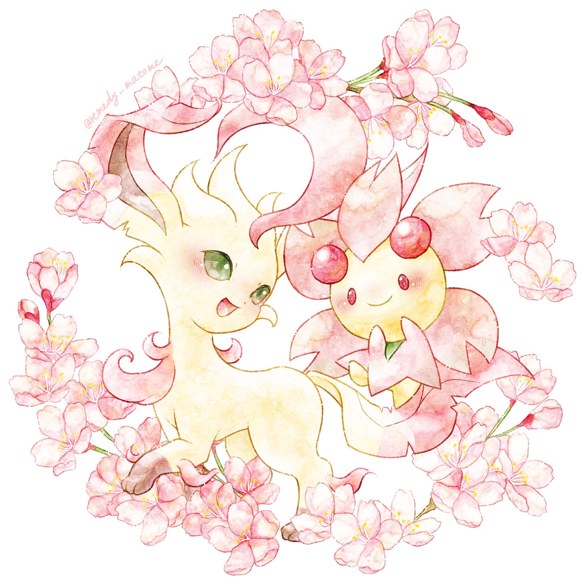 remedy matome, cherrim, cherrim (sunshine), leafeon, nintendo, pokemon, highres, :d, alternate color, alternate shiny pokemon, animal focus, animal hands, brown fur, cherry blossoms, flower, full body, gen 4 pokemon, green eyes, looking at another, no humans, open mouth, pink flower, pink fur, pokemon (creature), pokemon focus, red eyes, shiny pokemon, simple background, smile, standing, white background, yellow fur