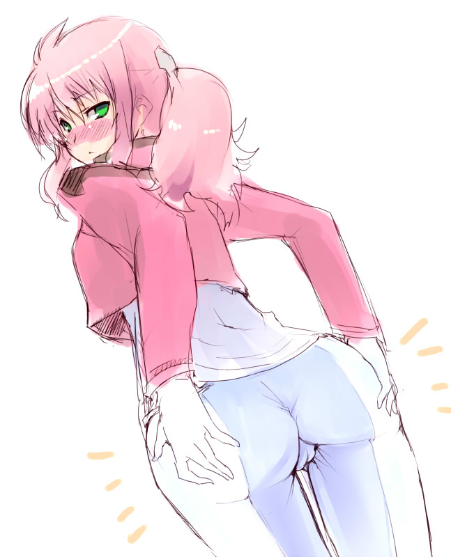 goban, feldt grace, gundam, gundam 00, hands on ass, 00s, 1girl, ass, blush, cameltoe, female focus, grabbing own ass, green eyes, looking back, pants, pink hair, ponytail, short twintails, sketch, solo, twintails