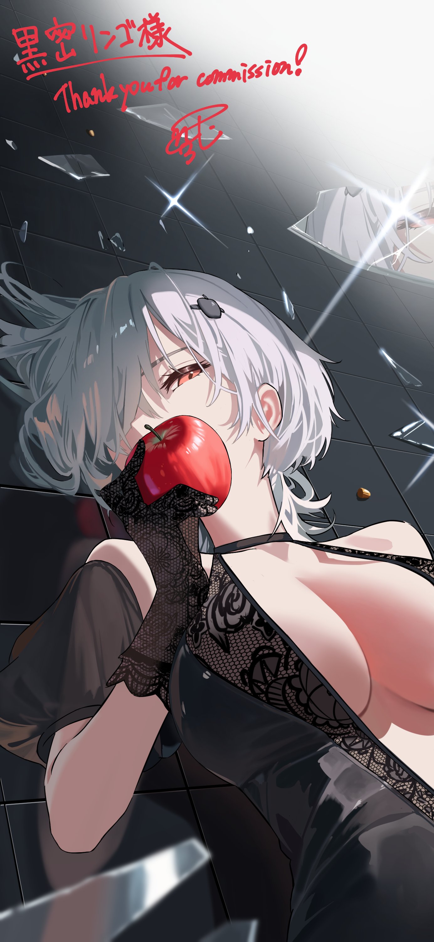 yumeto (ym-1), absurdres, character request, copyright request, highres, 1girl, apple, bare shoulders, black dress, breasts, broken glass, cleavage, detached sleeves, dress, food, fruit, glass, gloves, halterneck, holding, holding food, holding fruit, lace, lace gloves, lace trim, looking at viewer, lying, on back, on floor, orange eyes, reflection, short hair, solo, white hair