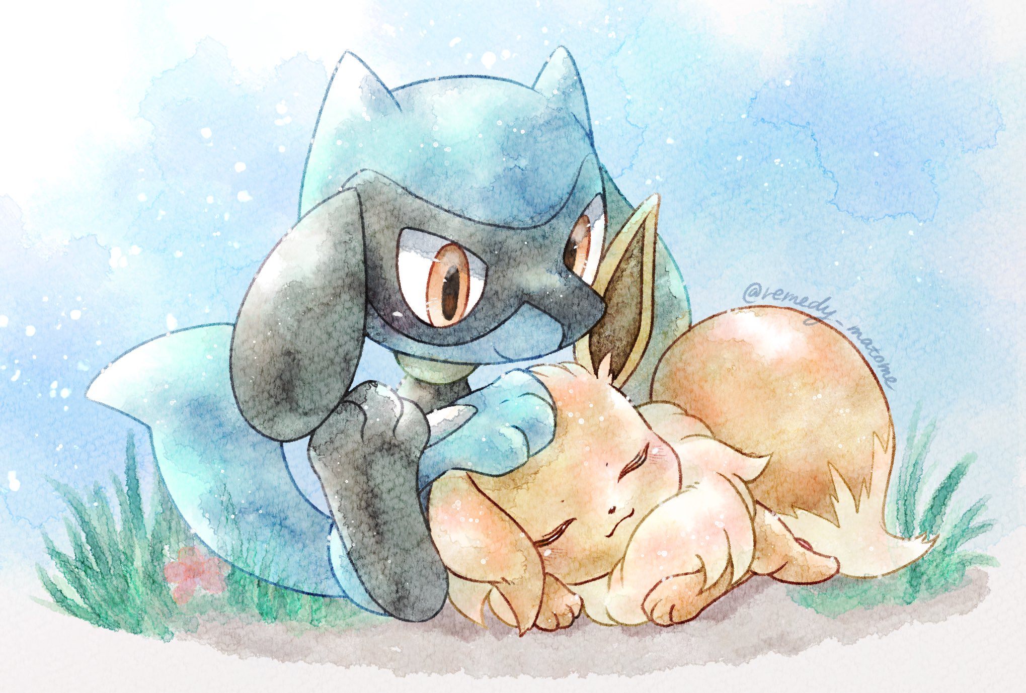 remedy matome, eevee, riolu, nintendo, pokemon, highres, :3, animal focus, animal hands, black fur, blue background, blue fur, brown fur, closed mouth, fluffy, full body, gen 1 pokemon, gen 4 pokemon, grass, looking at another, neck fur, no humans, orange eyes, pokemon (creature), pokemon focus, simple background, sitting, sleeping, snout, two-tone fur, yellow fur
