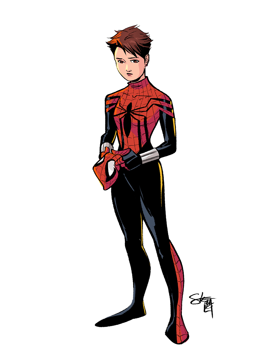 comickergirl, mayday parker, spider-girl, marvel, spider-man (series), highres, 1girl, animal print, arthropod girl, artist name, blue bodysuit, bodysuit, brown hair, insect girl, mask, multicolored bodysuit, print bodysuit, red bodysuit, removing mask, short hair, signature, simple background, solo, spider girl, spider print, spider web print, superhero costume, two-tone bodysuit, white background