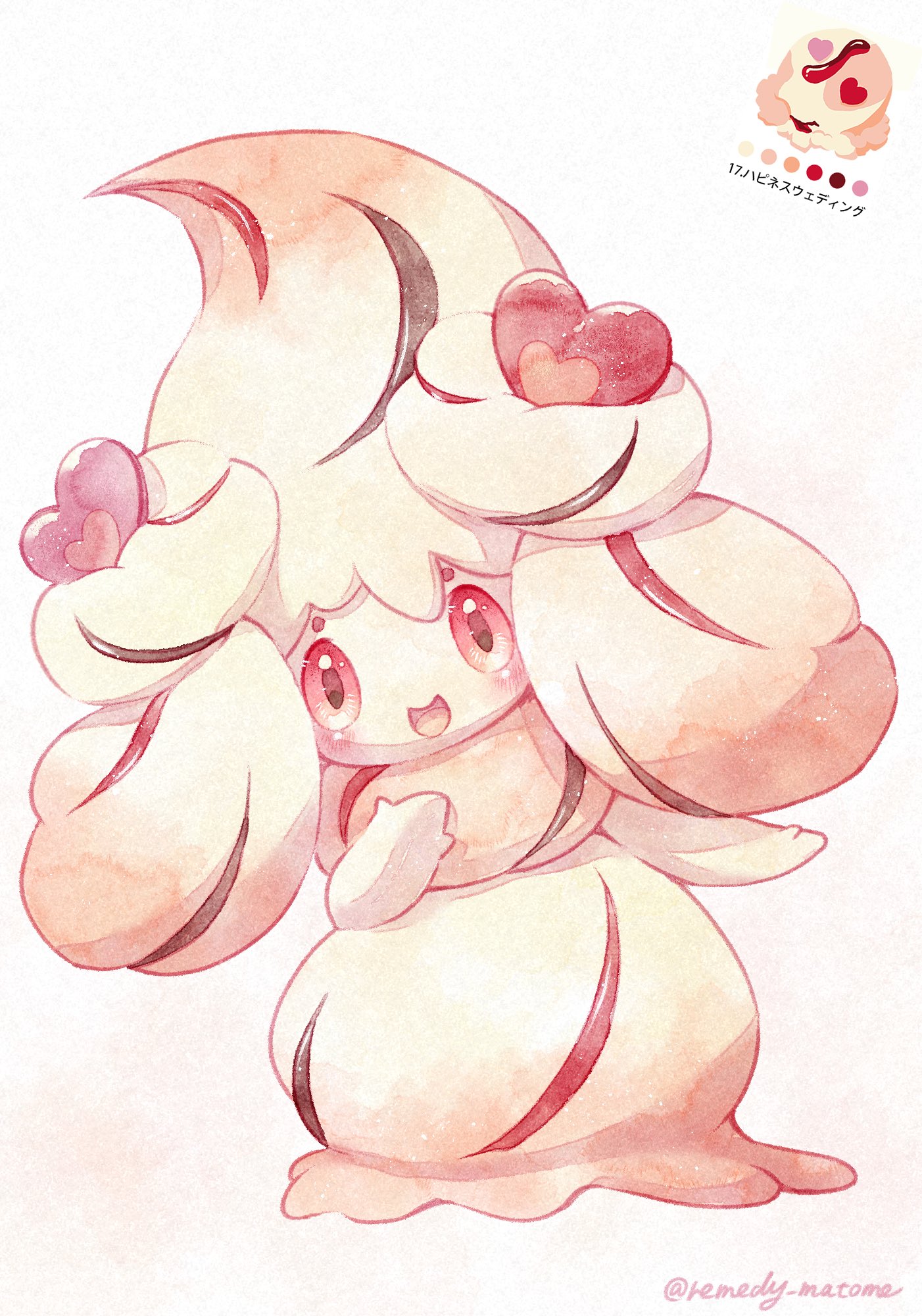 remedy matome, alcremie, alcremie (love sweet), alcremie (other cream), nintendo, pokemon, highres, 1girl, :d, blonde hair, creature as food, food-themed creature, full body, gen 8 pokemon, heart, long hair, looking at viewer, open mouth, pink eyes, pokemon (creature), simple background, smile, solo, standing, white background