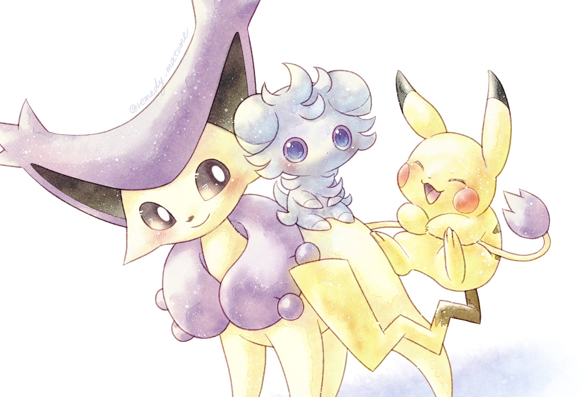 remedy matome, delcatty, espurr, pikachu, nintendo, pokemon, highres, :d, black eyes, blue eyes, bright pupils, cat, closed eyes, colored sclera, full body, gen 1 pokemon, gen 3 pokemon, gen 6 pokemon, grey fur, looking at another, looking at viewer, no humans, open mouth, pokemon (creature), pokemon focus, purple fur, purple sclera, simple background, sitting, smile, standing, white background, white pupils, yellow fur