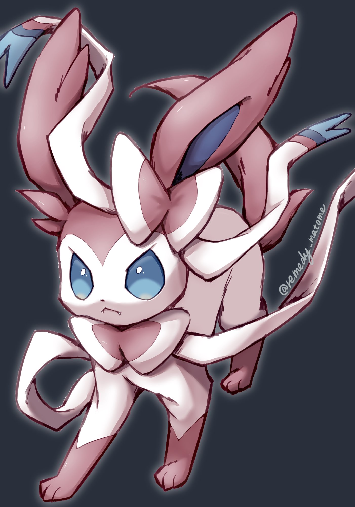remedy matome, sylveon, nintendo, pokemon, highres, :<, animal focus, animal hands, blue eyes, bow, closed mouth, fang, full body, gen 6 pokemon, grey background, looking at viewer, no humans, pink fur, pokemon (creature), pokemon focus, ribbon, simple background, solo, standing, two-tone fur, white fur