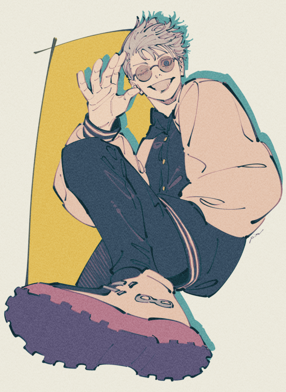 mim (mimya0600), gojou satoru, jujutsu kaisen, commentary, highres, 1boy, ;d, black pants, black shirt, blue eyes, colored eyelashes, drop shadow, full body, grin, hand in pocket, hand up, jacket, looking at viewer, male focus, official alternate costume, one eye closed, open mouth, pants, round eyewear, shirt, shoes, short hair, signature, smile, sneakers, solo, sunglasses, white background, white eyelashes, white hair, white jacket