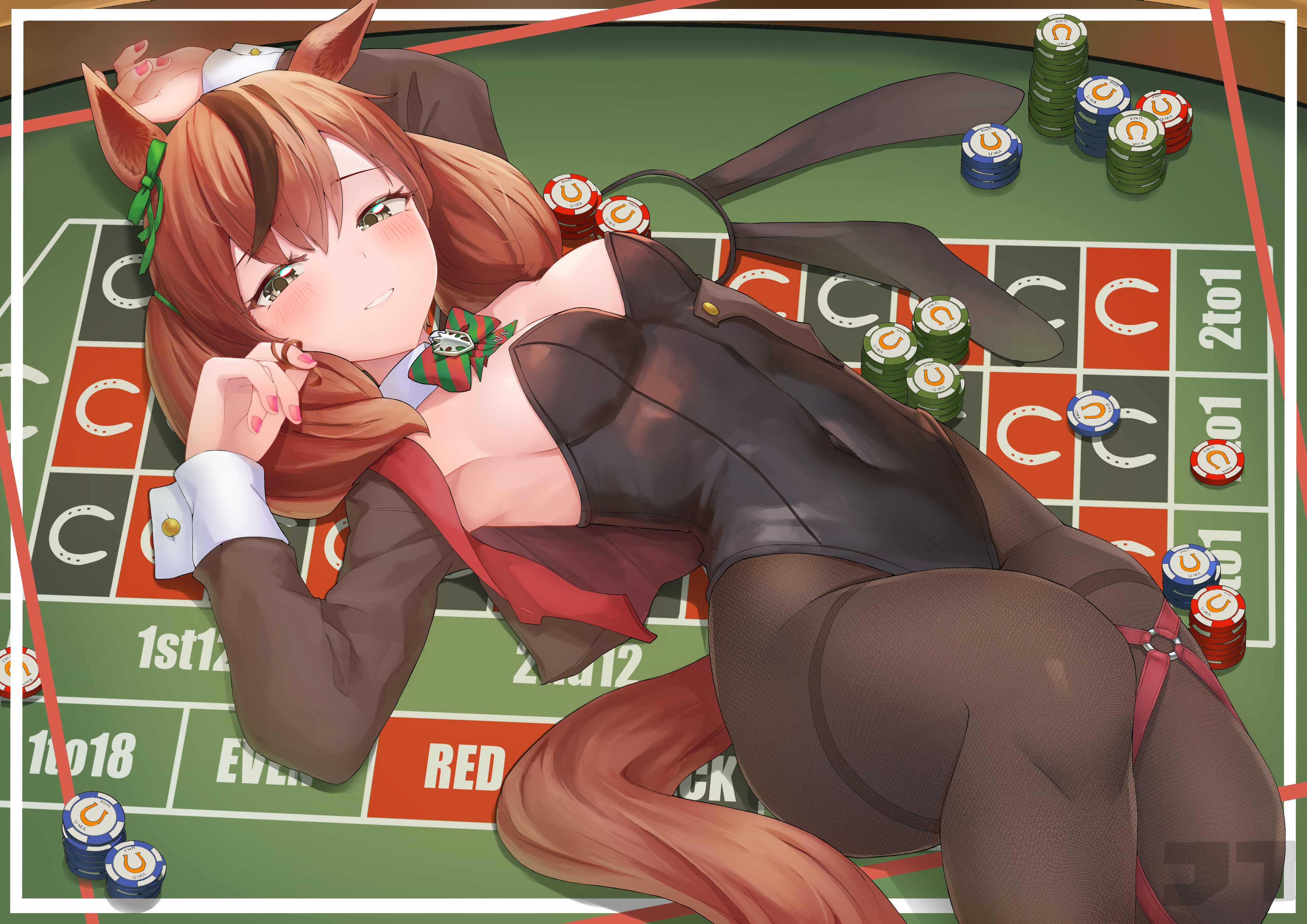 jtleeklm, nice nature (umamusume), umamusume, absurdres, commentary request, highres, revision, 1girl, alternate costume, animal ears, armpits, artist logo, bare shoulders, black leotard, black pantyhose, blush, bow, bowtie, breasts, brown eyes, covered navel, cropped jacket, detached collar, ear bow, green bow, horse ears, horse girl, horse tail, leotard, logo, lying, nontraditional playboy bunny, on back, pantyhose, poker chip, rabbit ears, red hair, red nails, smile, solo, strapless, strapless leotard, table, tail, unworn fake animal ears, wrist cuffs