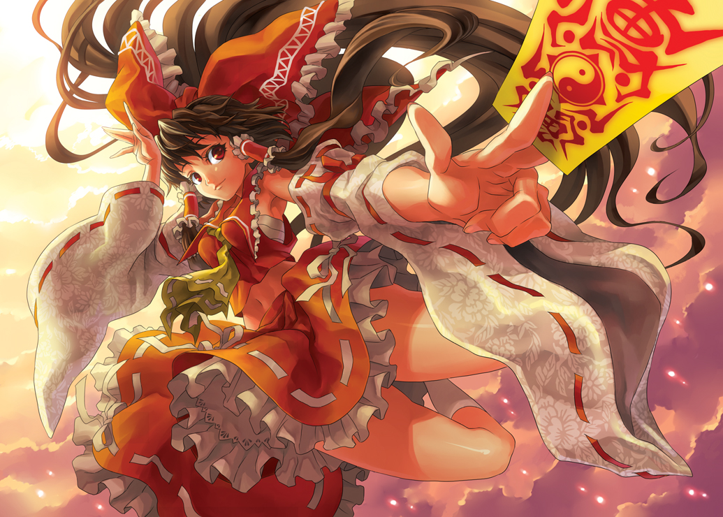 a-walk, seima taniguchi, taniguchi seima, hakurei reimu, touhou, 1girl, armpits, ascot, black hair, bow, brown hair, cloud, detached sleeves, dress, embellished costume, female focus, fingernails, floral print, flying, foreshortening, frills, gathers, glowing, hair bow, hair ornament, japanese clothes, kneehighs, light particles, long fingernails, long hair, midriff, miko, nail (hardware), navel, ofuda, outdoors, red eyes, sarashi, sky, smile, socks, solo, sparkle, sunset, thighs, very long hair, wind, wind lift, yin yang