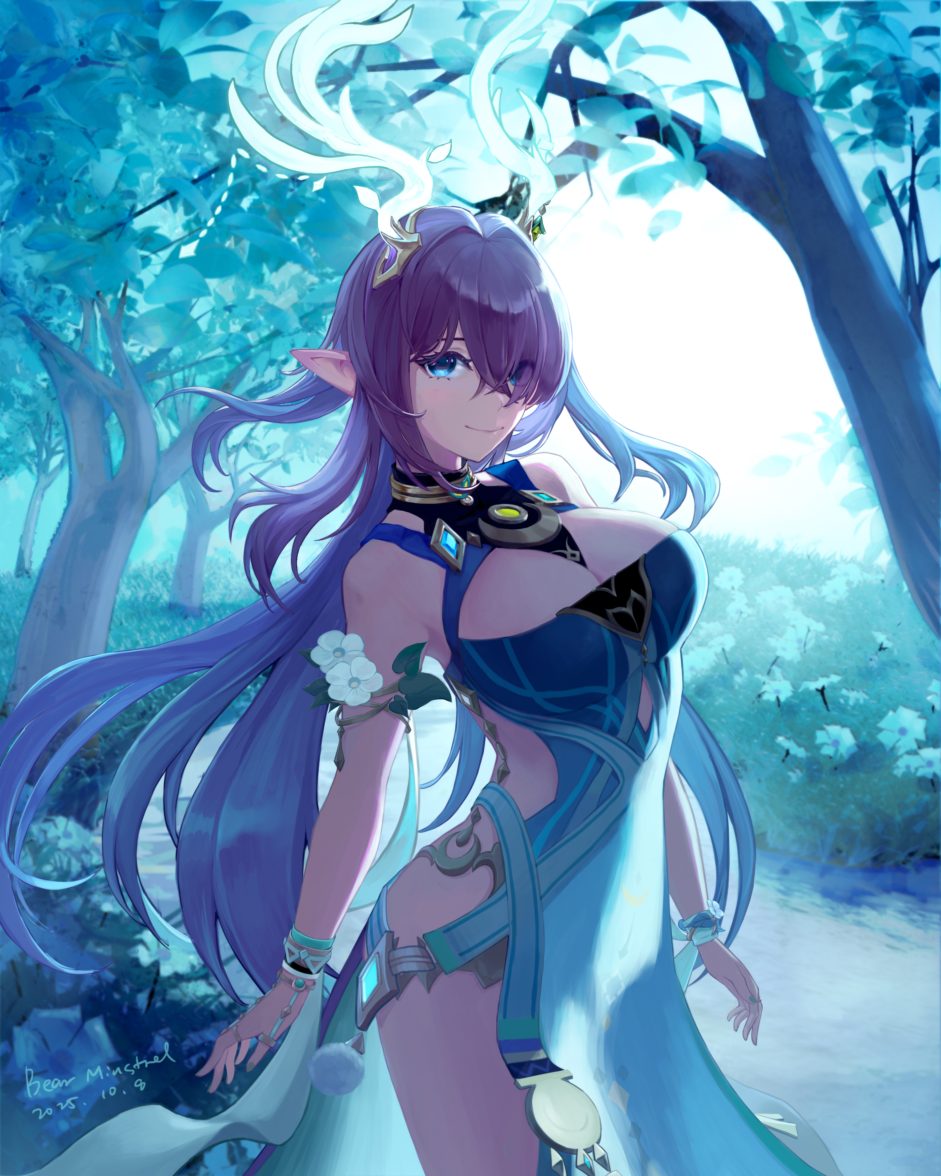 bear minstrel, lauma (genshin impact), genshin impact, absurdres, highres, 1girl, antlers, armlet, blue dress, blue eyes, bracelet, breasts, cleavage, closed mouth, dress, hair over one eye, horns, jewelry, large breasts, long hair, purple hair, reindeer antlers, reindeer girl, sleeveless, sleeveless dress, smile, solo, very long hair