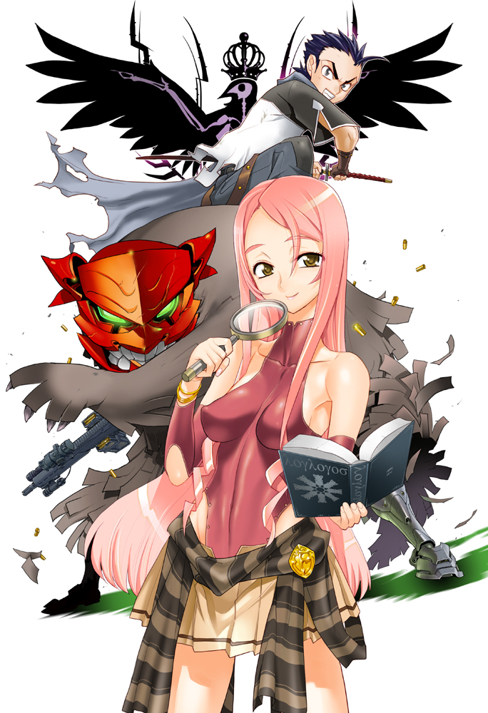 satou shouji, fay hound, kirishima jiga, shishi-mai, fire fire fire, striped, official art, 1girl, 2boys, angry, armpits, badge, bare shoulders, belt, blue eyes, blue hair, book, bracelet, breasts, breasts apart, bullet, claws, clenched teeth, cloak, covered erect nipples, covered navel, cowboy shot, crown, detached sleeves, elbow gloves, fighting stance, fingerless gloves, gloves, glowing, glowing eyes, green eyes, gun, hair between eyes, halterneck, highleg, highleg leotard, holding, impossible clothes, impossible leotard, jewelry, jumping, large breasts, leotard, light smile, long hair, looking at viewer, magnifying glass, miniskirt, multiple boys, pants, pink hair, pleated skirt, red leotard, rifle, robot, sash, scarf, shadow, sheath, shirt, short hair, short sleeves, side slit, sidelocks, simple background, skeleton, skin tight, skirt, smile, spiked hair, spread legs, standing, strap, swept bangs, sword, teeth, torn clothes, turtleneck, unsheathing, very long hair, weapon, white background, wings, yellow eyes