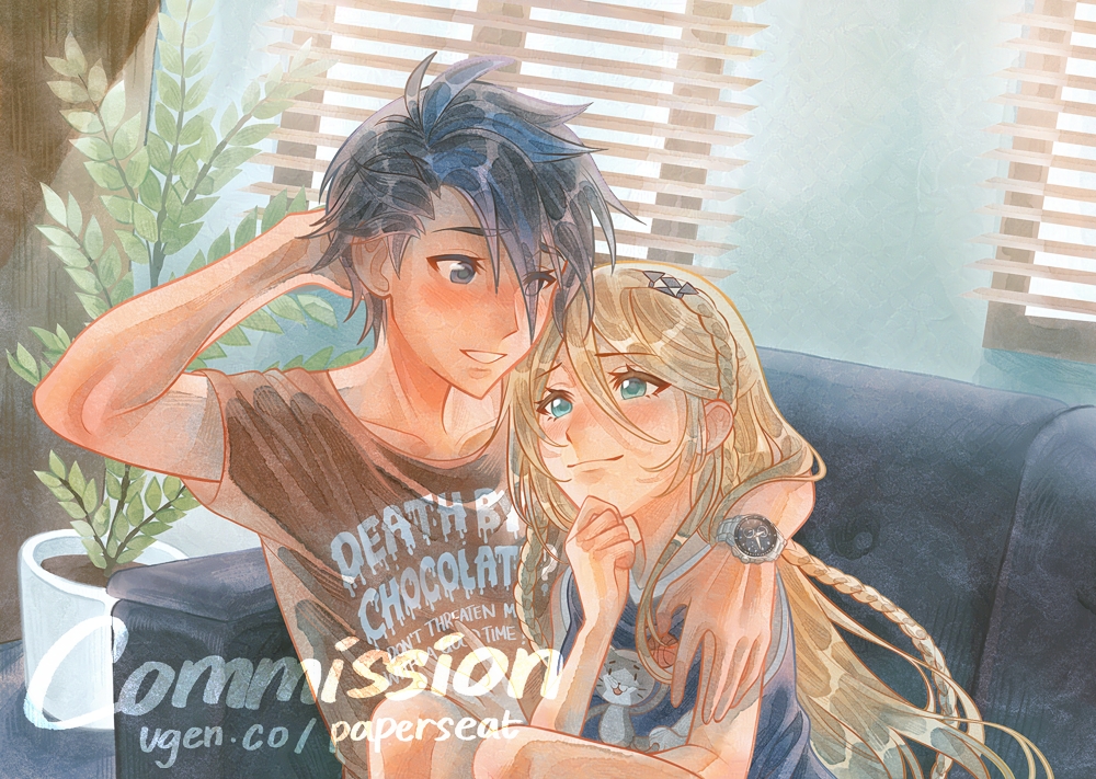 elaine auclair, van arkride, eiyuu densetsu, kuro no kiseki (series), commentary, commission, english commentary, vgen commission, 1boy, 1girl, black hair, blonde hair, blue eyes, blue hair, blush, braid, couch, crown braid, english text, green eyes, hair between eyes, indoors, long hair, multicolored hair, open window shutter, papersseat, parted bangs, scratching head, short hair, short sleeves, single braid, swept bangs, two-tone hair, watermark, web address, window light, window shutter