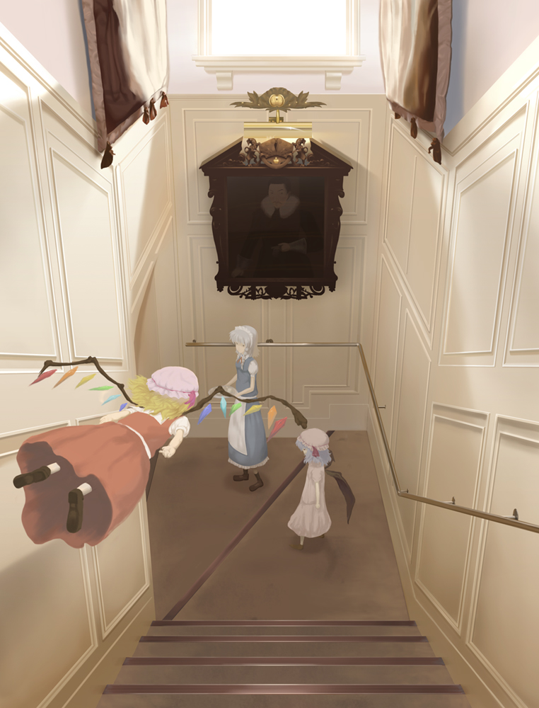 mafu, flandre scarlet, izayoi sakuya, remilia scarlet, touhou, bad id, bad pixiv id, 3girls, blonde hair, blue hair, female focus, indoors, maid, multiple girls, short hair, stairs, vampire, wings