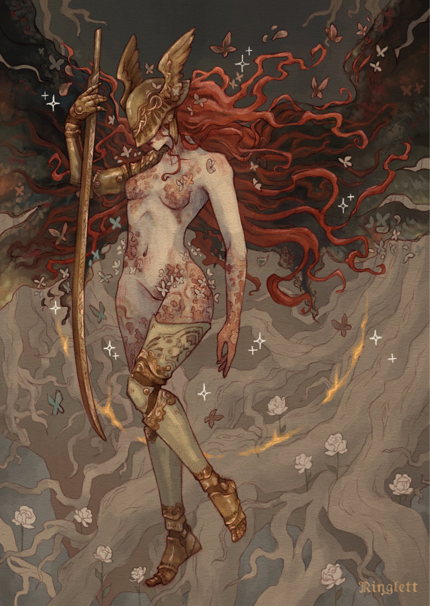 malenia blade of miquella, malenia goddess of rot, elden ring, commentary, english commentary, highres, 1girl, artist name, branch, breasts, bug, butterfly, covered eyes, floating hair, flower, helmet, holding, holding sword, holding weapon, insect, long hair, midair, navel, nude, prosthesis, prosthetic arm, prosthetic leg, red hair, ringlet pyon, scar, small breasts, solo, sparkle, sword, tree, visor (armor), wavy hair, weapon, white flower, winged helmet