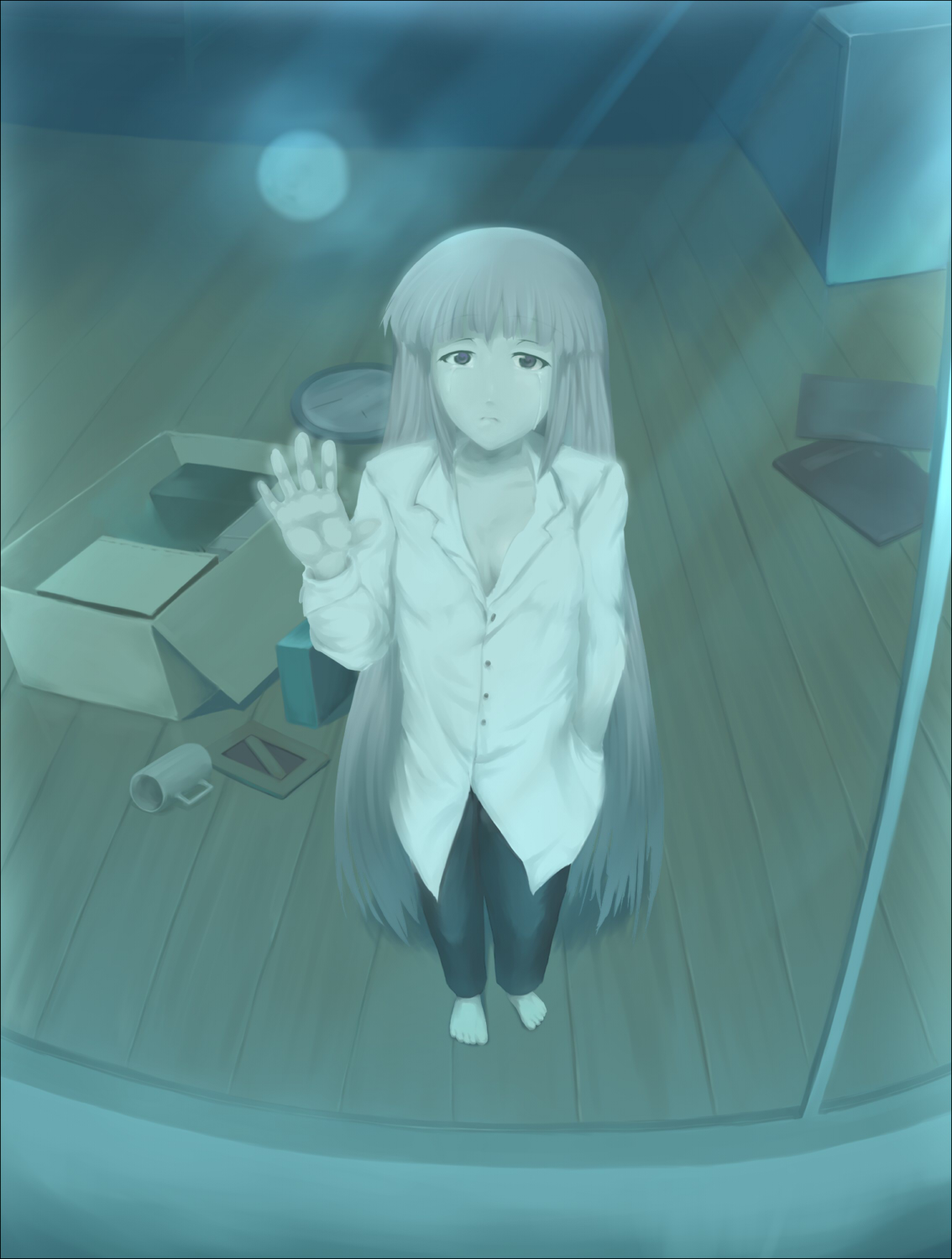 mafu, fujiwara no mokou, touhou, bad id, bad pixiv id, highres, 1girl, alternate costume, barefoot, casual, contemporary, dress shirt, female focus, full body, indoors, long hair, pants, sad, shirt, sky, solo, standing, tears