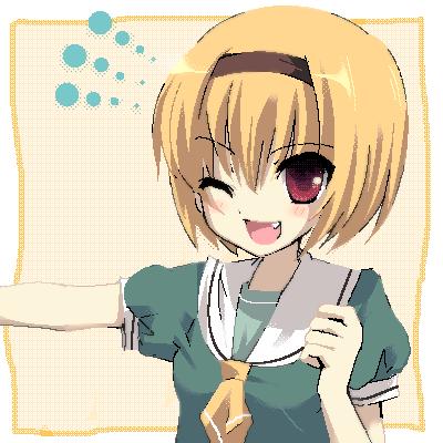 houjou satoko, higurashi no naku koro ni, lowres, 00s, blonde hair, dress, fang, red eyes, sailor dress, school uniform, wink