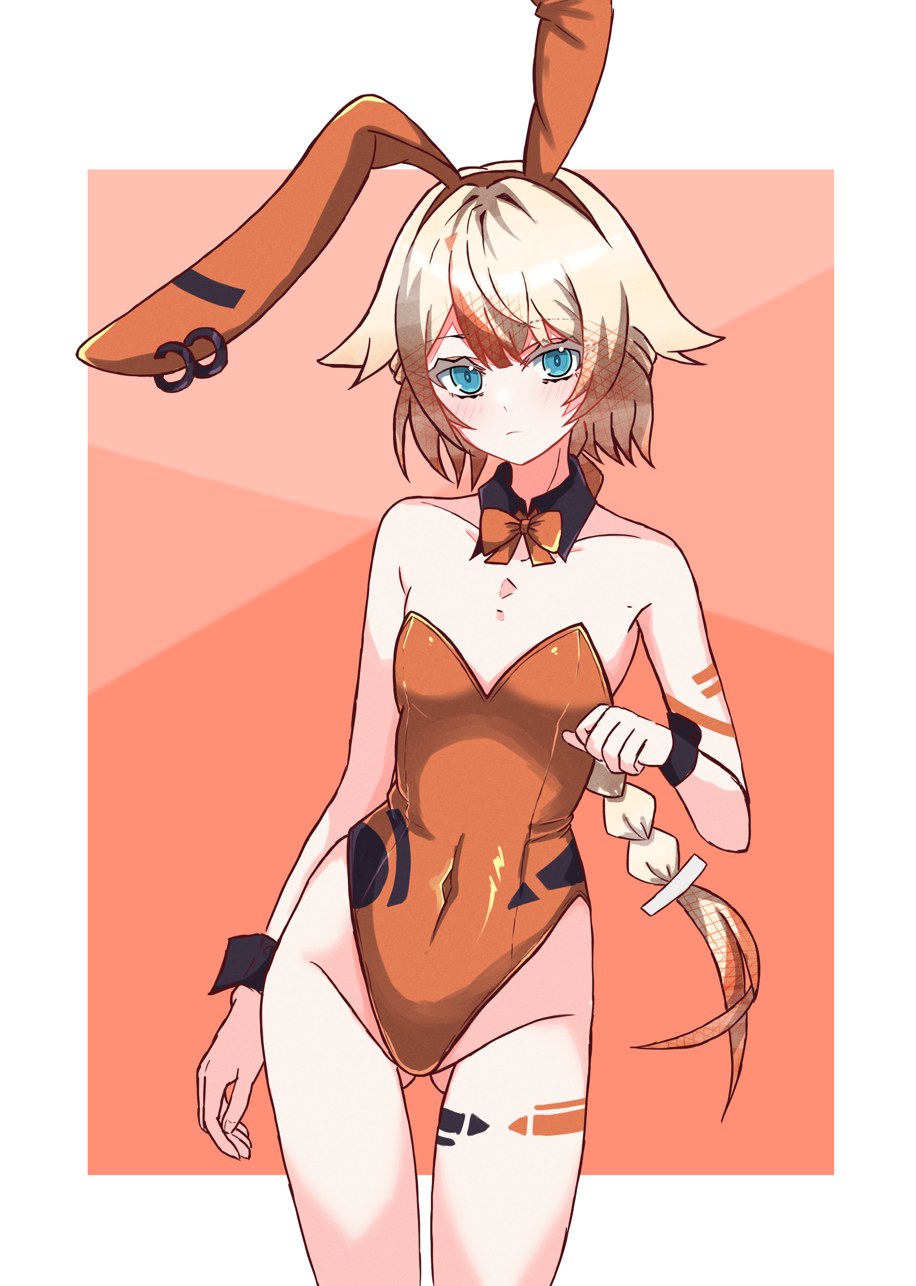 noir (noire6959), one (cevio), cevio, absurdres, highres, 1girl, alternate costume, animal ears, aqua eyes, bare legs, bare shoulders, black collar, blonde hair, blue eyes, border, bow, bowtie, braid, braided ponytail, breasts, bunny day, closed mouth, collar, collarbone, covered navel, cowboy shot, detached collar, expressionless, fake animal ears, gluteal fold, gradient hair, groin, hair flaps, highleg, highleg leotard, leg tattoo, leotard, long hair, looking at viewer, multicolored hair, orange bow, orange bowtie, orange hair, orange leotard, outside border, playboy bunny, rabbit ears, single braid, small breasts, solo, standing, strapless, strapless leotard, streaked hair, tattoo, thighs, traditional bowtie, two-tone background, white border, wrist cuffs
