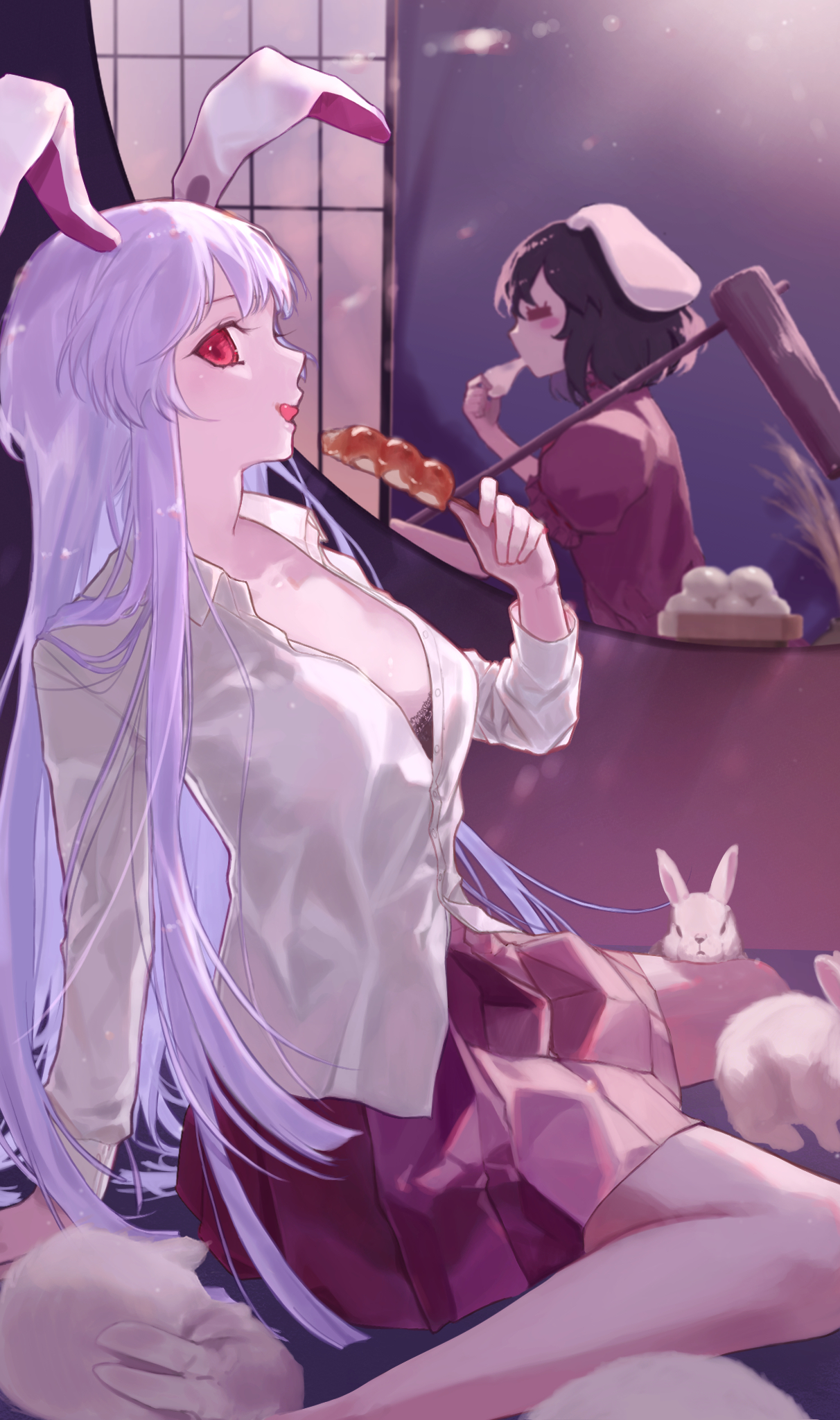 taninasi, inaba tewi, reisen udongein inaba, touhou, commentary request, highres, 2girls, = =, animal ears, black bra, black hair, bra, bra peek, breasts, collared shirt, dango, eating, floppy ears, food, full body, holding, holding mallet, indoors, kine, long hair, long sleeves, looking at viewer, mallet, medium breasts, mitarashi dango, multiple girls, open clothes, open mouth, open shirt, pleated skirt, purple hair, purple skirt, rabbit, rabbit ears, red eyes, round window, shirt, short hair, shouji, sitting, skirt, sliding doors, smile, tsukimi dango, underwear, very long hair, wagashi, wariza, white shirt, window