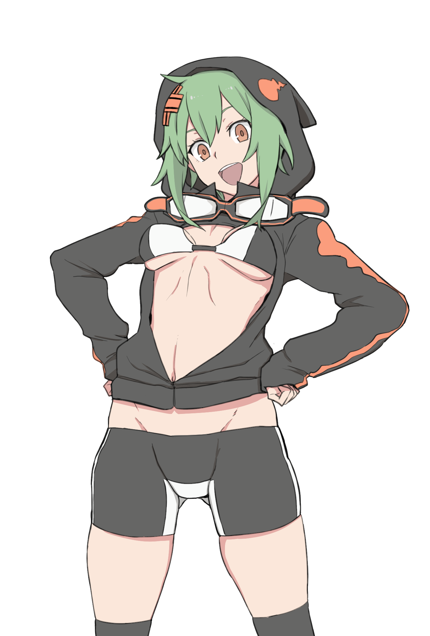 shinomiya rina, digimon, digimon world re:digitize, commentary request, highres, 1girl, :d, ayu (ddestiny944), bike shorts, bikini, bikini top only, black bikini, black jacket, black shorts, black socks, breasts, cleavage, cowboy shot, gluteal fold, goggles, goggles around neck, green hair, groin, hair between eyes, hair ornament, hands on own hips, hood, hood up, hooded jacket, jacket, long sleeves, looking at viewer, medium breasts, multicolored bikini, navel, open mouth, orange eyes, over-kneehighs, partially unzipped, short hair, short hair with long locks, shorts, sidelocks, simple background, skindentation, smile, socks, solo, standing, stomach, swimsuit, teeth, thighhighs, two-tone bikini, upper teeth only, white background, white bikini, x hair ornament