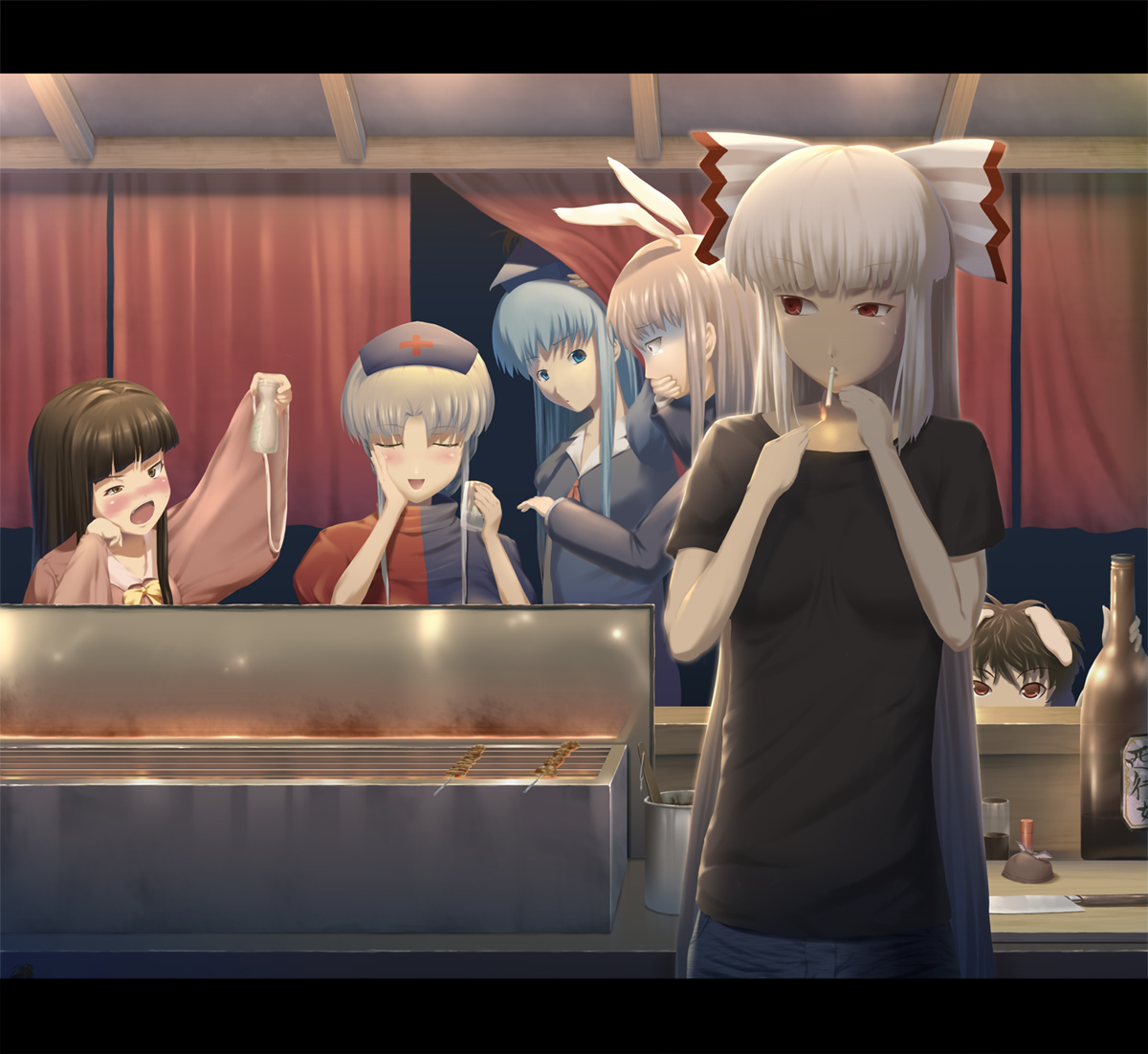 mafu, fujiwara no mokou, houraisan kaguya, inaba tewi, kamishirasawa keine, reisen udongein inaba, yagokoro eirin, touhou, bad id, bad pixiv id, translated, 6+girls, animal ears, blue eyes, blue hair, brown hair, casual, cigarette, drunk, everyone, female focus, food, food stand, grill, letterboxed, long hair, multiple girls, noren, purple hair, rabbit ears, red eyes, shirt, smoking, t-shirt, white hair, yakitori