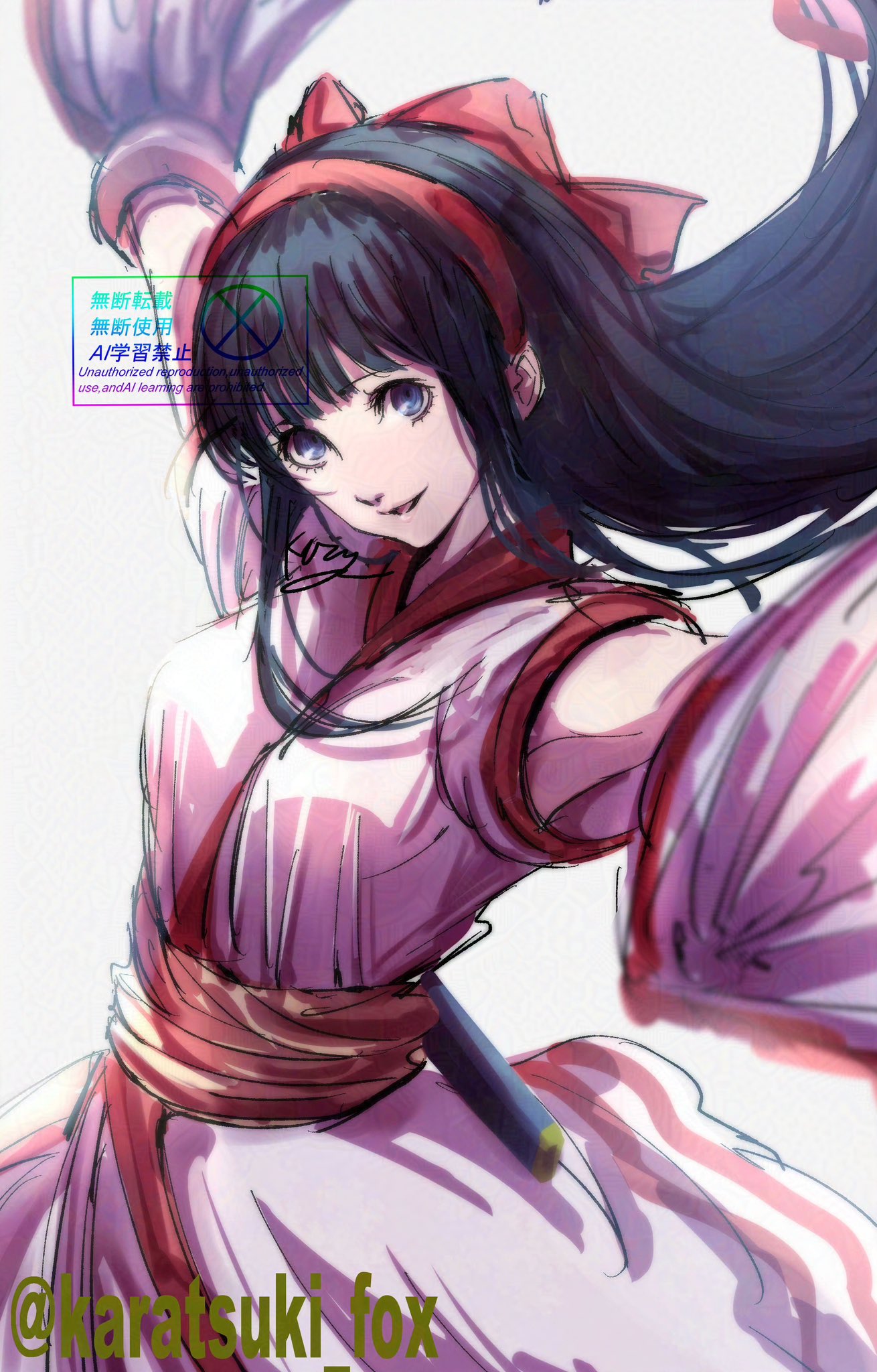 nakoruru, samurai spirits, snk, the king of fighters, highres, 1girl, ainu clothes, armpits, arms up, artist name, black hair, blue eyes, breasts, cloak, hair ribbon, legs, long hair, looking at viewer, medium breasts, pants, parted lips, ribbon, smile, solo, thighs, tongue, weapon