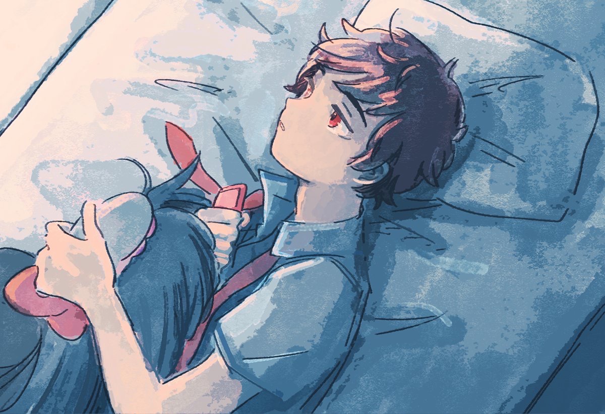 yasaka kazuki, sarazanmai, commentary request, 1boy, brown hair, cellphone, holding, holding phone, holding wig, kohakodamanoko, looking ahead, lying, male focus, necktie, on back, parted lips, phone, pillow, red eyes, red necktie, short hair, short sleeves, smartphone, solo