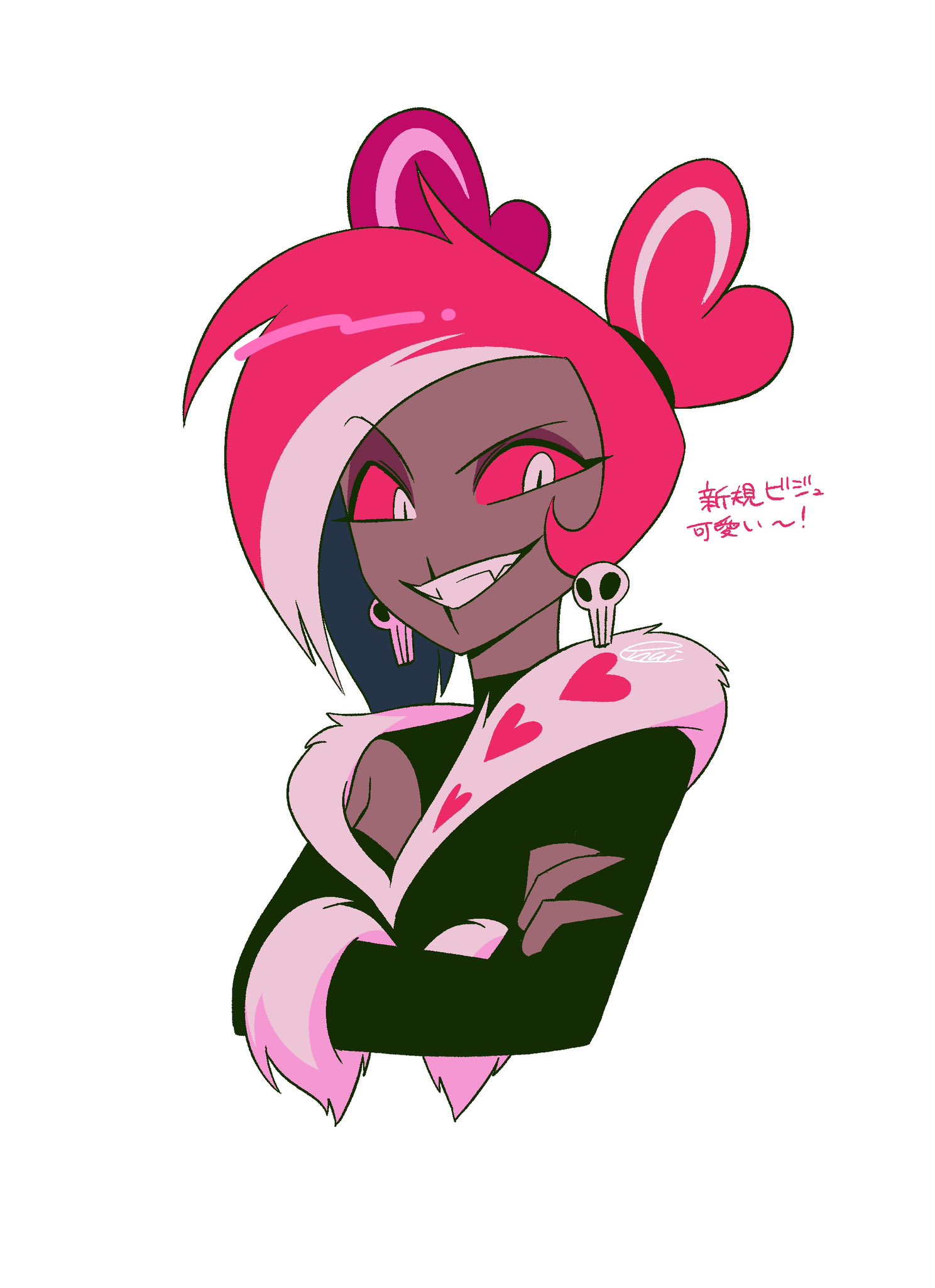 menma (enaic31), velvette (hazbin hotel), hazbin hotel, hellaverse, highres, translation request, 1girl, :d, asymmetrical hair, black hair, black robe, breasts, colored inner hair, colored sclera, cropped torso, crossed arms, dark-skinned female, dark skin, double bun, earrings, fewer digits, fur-trimmed robe, fur-trimmed sleeves, fur trim, grin, hair bun, hair tie, heart, heart hair bun, heart print, jewelry, long sleeves, looking at viewer, medium hair, multicolored hair, open mouth, raised eyebrow, red-framed eyewear, red hair, red sclera, robe, scar, scar on face, scar on mouth, signature, simple background, single bare shoulder, skull earrings, slit pupils, small breasts, smile, solo, streaked hair, v-shaped eyebrows, white background, white eyes, white hair