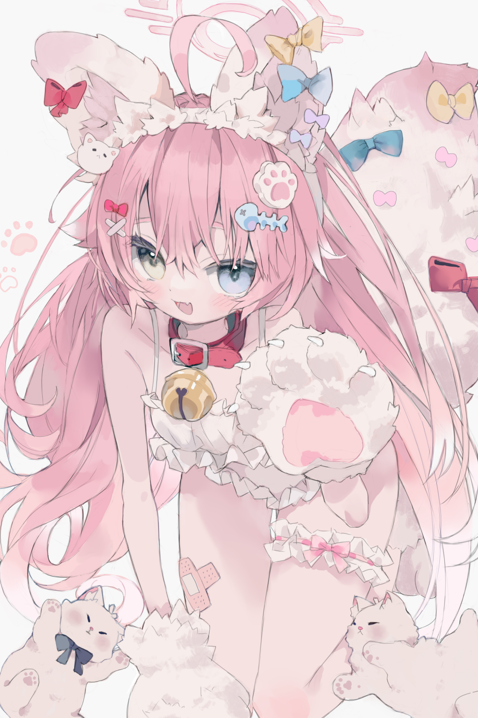 hoshino (blue archive), blue archive, commentary, english commentary, highres, :d, ahoge, alternate costume, animal, animal collar, animal ear hairband, animal ears, animal hands, baby animal, bandaid on thigh, bare arms, bare legs, bare shoulders, bell, blue bow, blue eyes, blush, bow, bra, cat, cat ear hairband, cat ears, cat hair ornament, cat tail, collar, crossed bandaids, double-parted bangs, ear bow, fake animal ears, fake tail, fang, fish skeleton hair ornament, frilled bra, frilled panties, frilled thigh strap, frills, gloves, green eyes, hair flaps, hair ornament, hairband, halo, hand up, hetero, jingle bell, kitten, kneeling, large tail, leaning forward, long hair, looking at viewer, marant38, neck bell, open mouth, panties, paw gloves, paw hair ornament, paw print, paw print background, paw shoes, petite, pink hair, pink halo, red bow, simple background, skin fang, smile, spaghetti strap, tail, tail bow, tail ornament, thigh gap, thigh strap, underwear, underwear only, very long hair, white background, white bra, white hairband, white panties, white tail, x hair ornament, yellow bow
