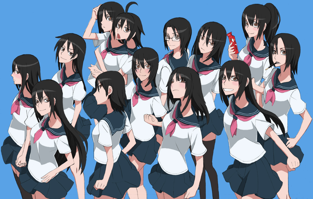 hidarikiki, bad id, bad pixiv id, 6+girls, ahoge, black hair, blush, brown eyes, everyone, food, glasses, long hair, multiple girls, pocky, ponytail, school uniform, short hair, thighhighs