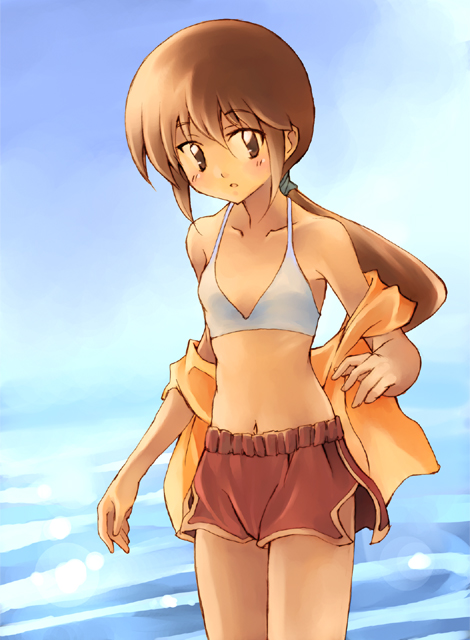 kouno hikaru, haruna raika, raika days, bad id, bad pixiv id, 1girl, bikini, bikini top only, brown eyes, brown hair, female focus, flat chest, long hair, midriff, navel, off shoulder, outdoors, ponytail, shorts, sky, solo, swimsuit, undressing, water