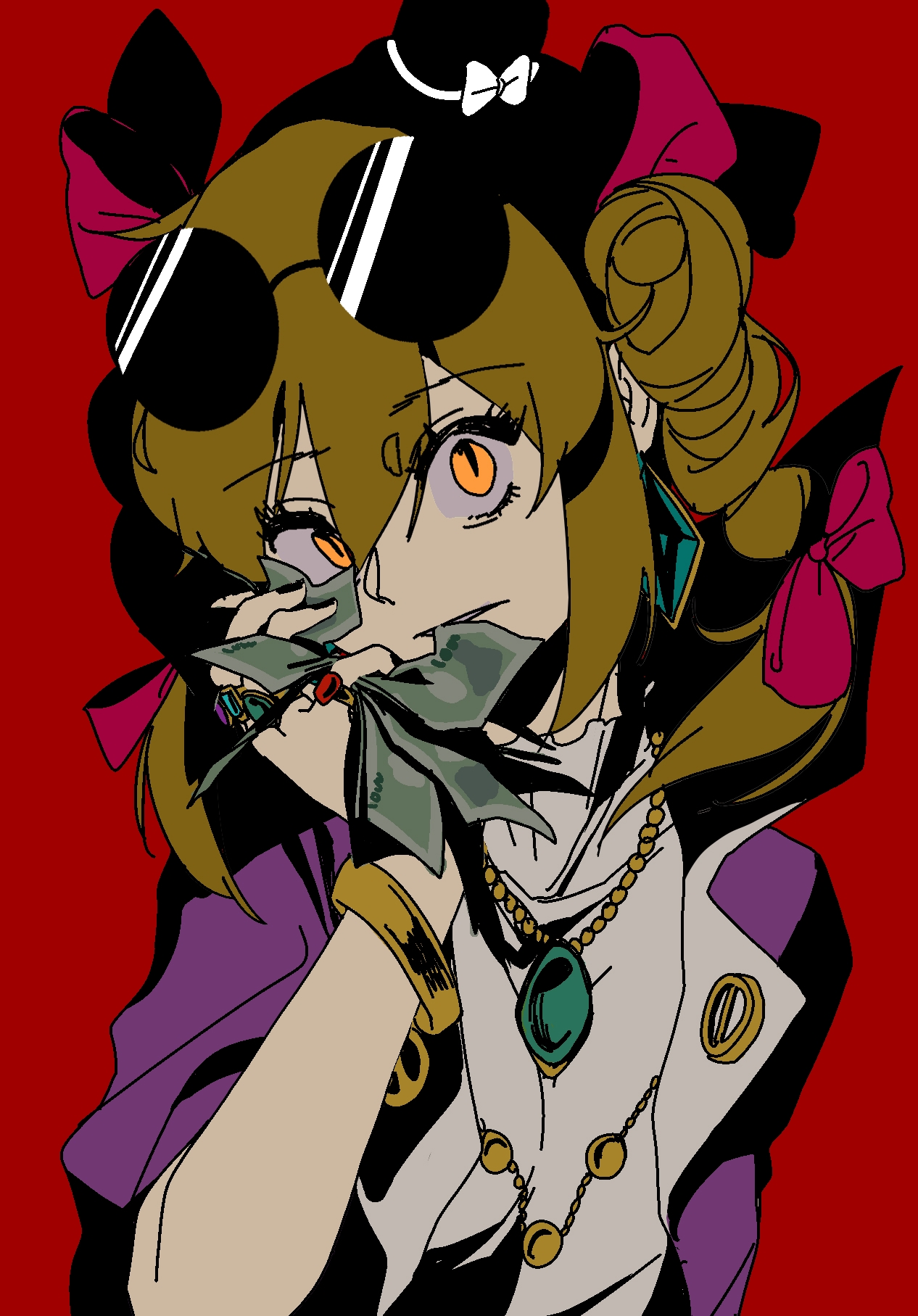 guozimiao, yorigami jo'on, touhou, highres, 1girl, bangle, banknote, black hat, blonde hair, bow, bracelet, diamond (gemstone), double-parted bangs, drill hair, earrings, eyewear on head, frilled shirt collar, frills, gem, gold bracer, gold button, hair between eyes, hat, jacket, jewelry, looking at viewer, money, necklace, purple jacket, red background, red bow, ring, shirt, simple background, sunglasses, white bow, white shirt, yellow eyes