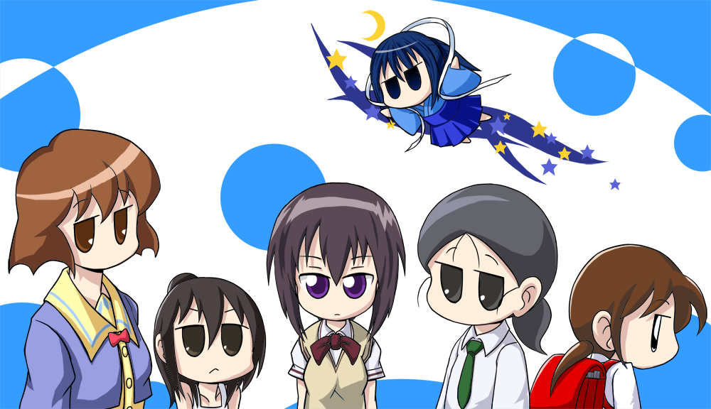mirakichi, haruna raika, hiiragi (hanamaru youchien), ichijou, kawazoe tamaki, kuga kokage, marui hitoha, bamboo blade, hanamaru youchien, mitsudomoe (manga), pani poni dash!, raika days, sketchbook full colors, 00s, 6+girls, :<, backpack, bag, black eyes, black hair, blue eyes, blue hair, bow, brown eyes, brown hair, chibi, child, crescent, crescent moon, crossover, empty eyes, flying, hair bun, japanese clothes, jitome, kimono, moon, multiple girls, necktie, ponytail, purple eyes, randoseru, ribbon, school uniform, serafuku, short hair, single hair bun, star (symbol), sweater vest, trait connection