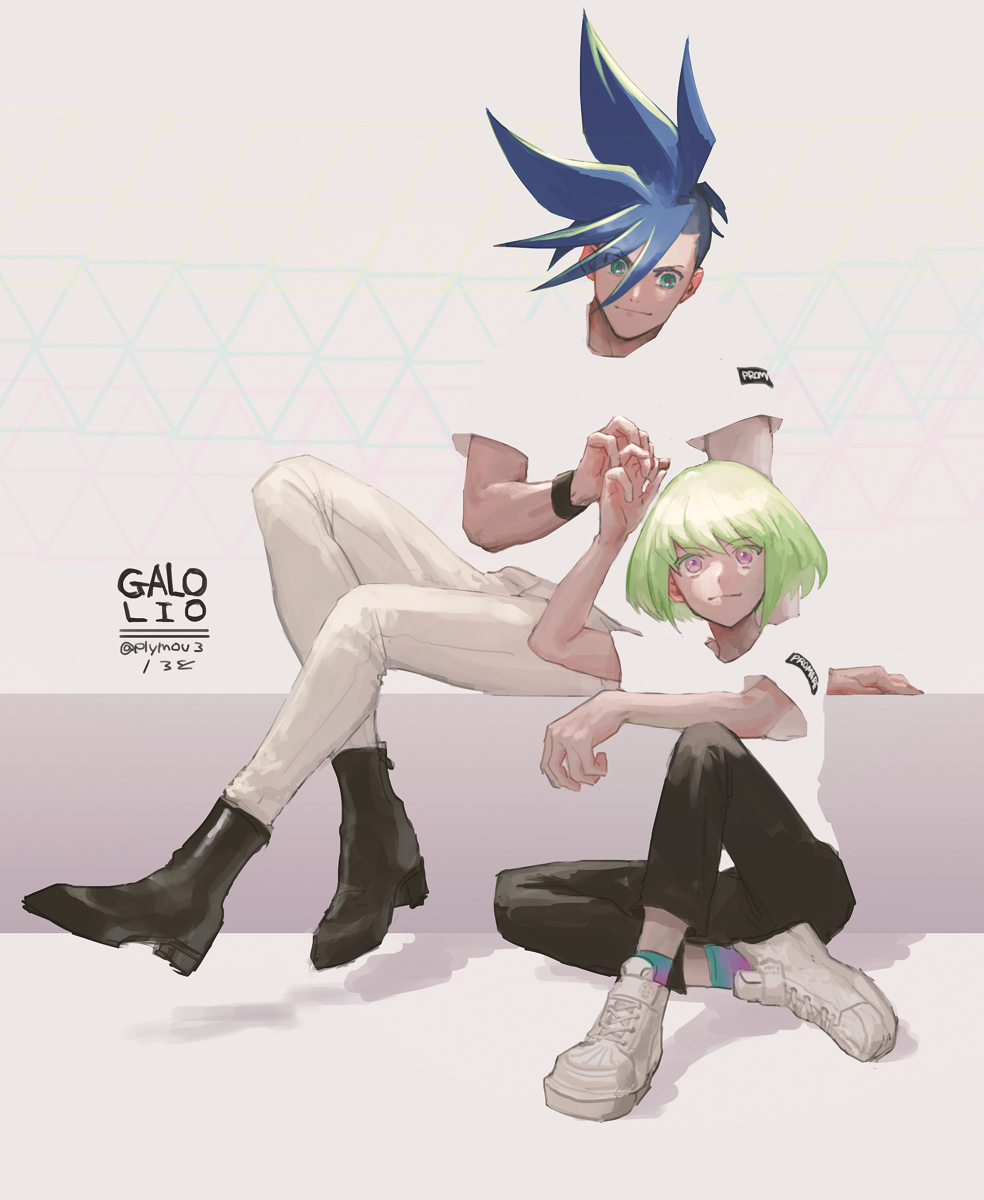 plytometo, galo thymos, lio fotia, promare, highres, 2boys, black boots, black pants, blending, blue eyes, blue hair, boots, character name, gradient socks, green hair, hair between eyes, holding hands, light smile, male focus, multiple boys, pants, pink eyes, red pupils, shoes, short hair, smile, socks, spiked hair, white shoes, wristband