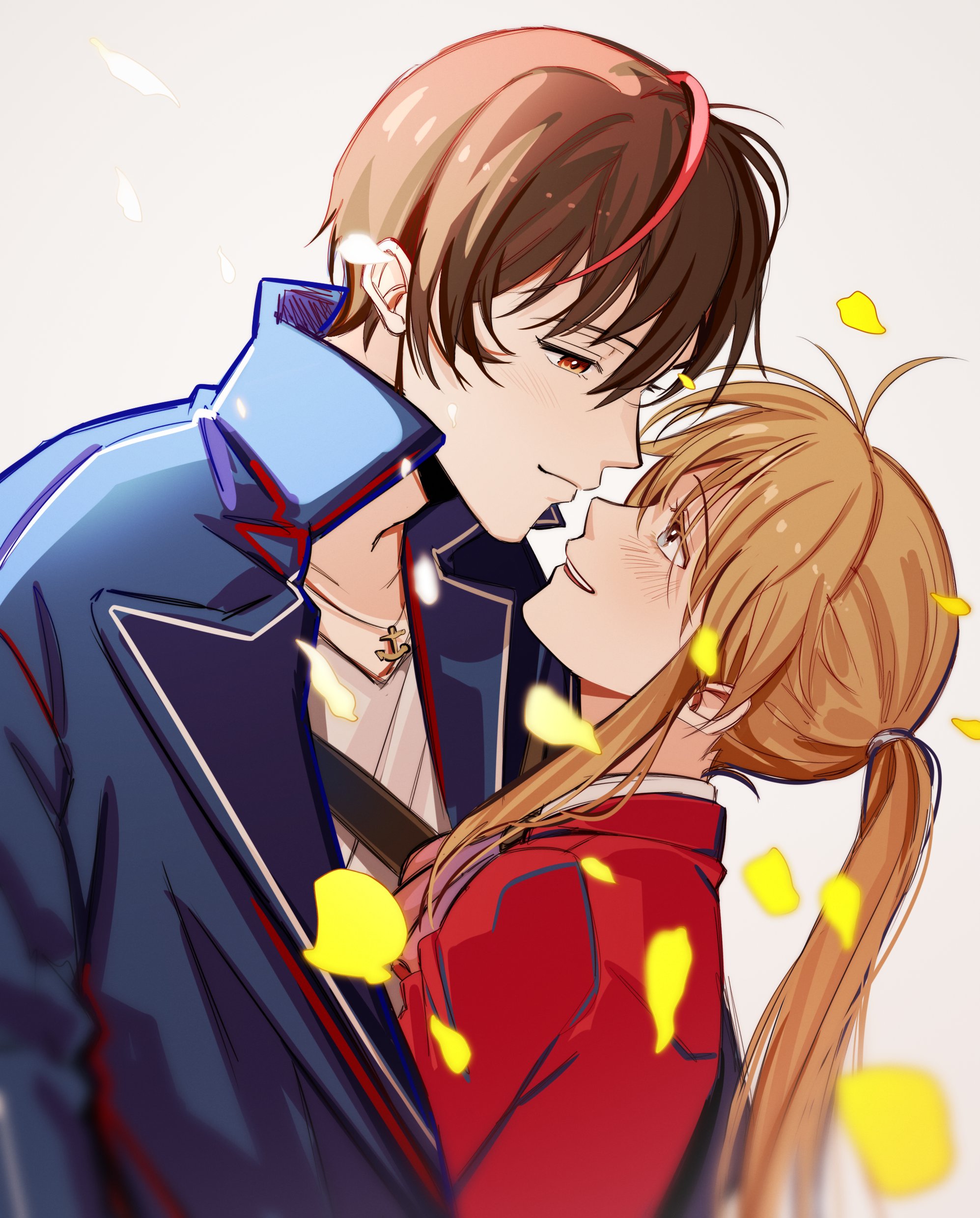 uneasywolf, ushiromiya lion, willard h. wright, requiem of the golden witch, umineko no naku koro ni, absurdres, commentary, english commentary, highres, 1boy, 1other, androgynous, blonde hair, blue coat, brown hair, closed mouth, coat, eye contact, falling petals, formal clothes, long hair, looking at another, multicolored hair, open mouth, petals, red hair, red suit, short hair, smile, streaked hair, suit, two-tone hair, white background, yellow petals