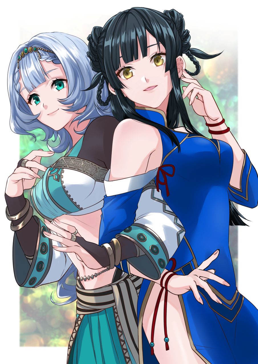 runrui kaku, ashen lu, eiyuu densetsu, kai no kiseki, kuro no kiseki (series), character request, highres, 2girls, bare shoulders, black hair, blunt bangs, bob cut, braid, braided hair rings, breasts, bridal gauntlets, china dress, chinese clothes, detached sleeves, dress, green eyes, grey hair, hair rings, looking at viewer, medium breasts, midriff, multiple girls, navel, sidelocks, stomach, upper body, yellow eyes