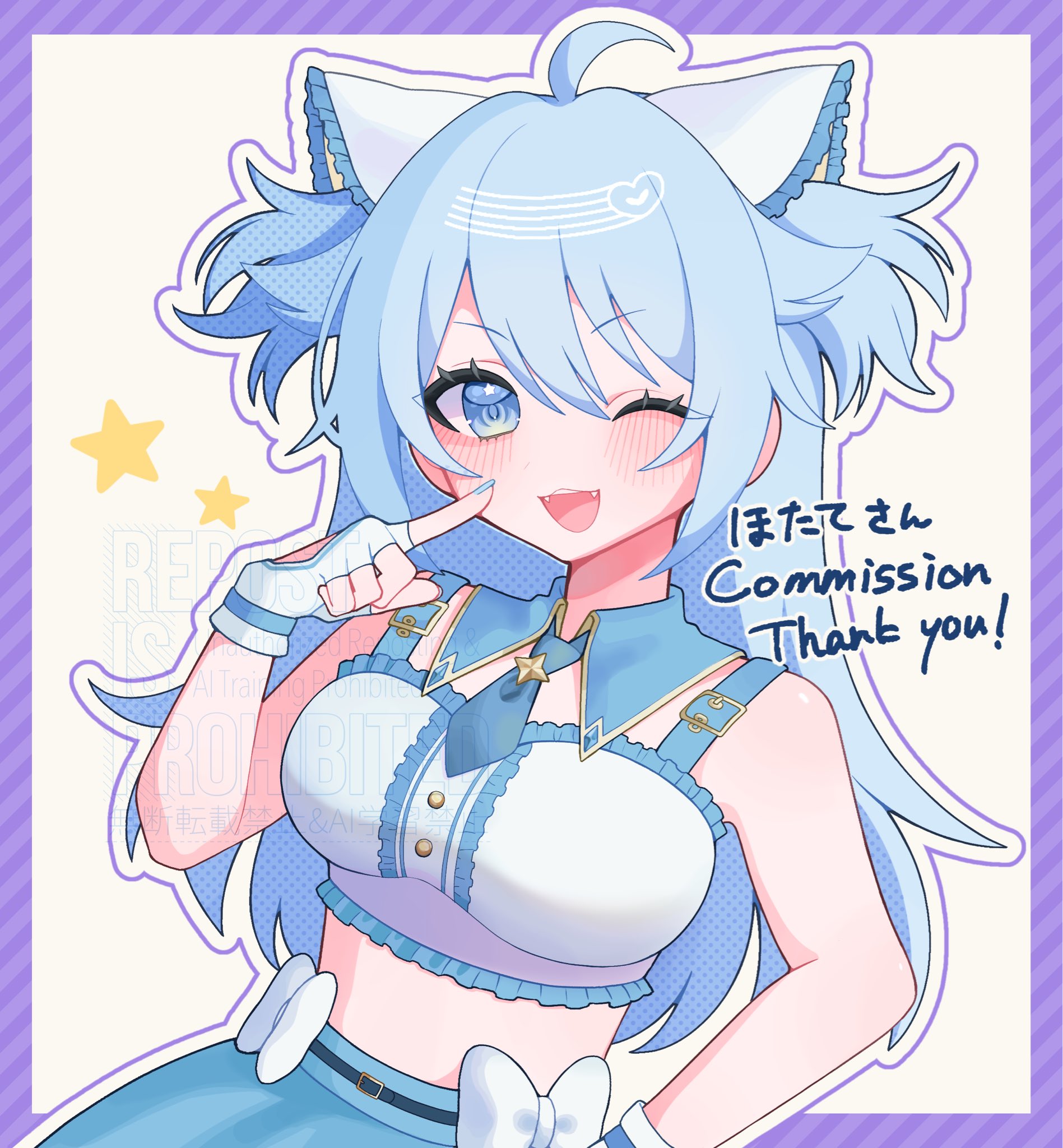 hitose rei, original, commentary request, commission, highres, skeb commission, 1girl, ;3, ;d, aegyo sal, ahoge, animal ears, bare arms, bare shoulders, belt, bikini, bikini top only, black belt, blue eyes, blue hair, blue nails, blue necktie, blue skirt, blush, border, bow, bow skirt, breasts, brooch, cat ears, center frills, clothing cutout, detached collar, double-parted bangs, fake animal ears, fangs, finger to cheek, fingerless gloves, frills, glove cutout, gloves, gold buttons, hair between eyes, hair flaps, hand up, heart, index finger raised, jewelry, long hair, looking at viewer, medium breasts, midriff, nail polish, necktie, one eye closed, open mouth, outline, outside border, purple border, simple background, skirt, smile, solo, star (symbol), star in eye, star symbol background, striped border, swept bangs, swimsuit, symbol in eye, teeth, tongue, two side up, upper body, upper teeth only, v-shaped eyebrows, white background, white bikini, white bow, white gloves, white outline