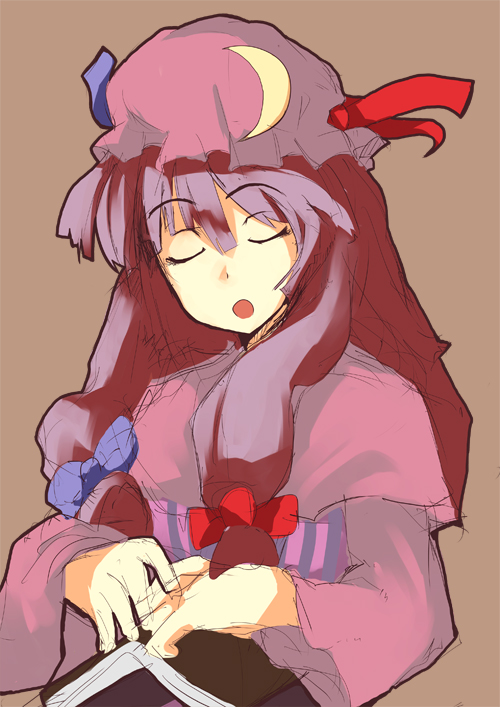 mie haru, mieharu, patchouli knowledge, touhou, 1girl, book, closed eyes, crescent, crescent hat ornament, female focus, hat, hat ornament, long hair, purple hair, ribbon, simple background, sleeping, solo, upper body