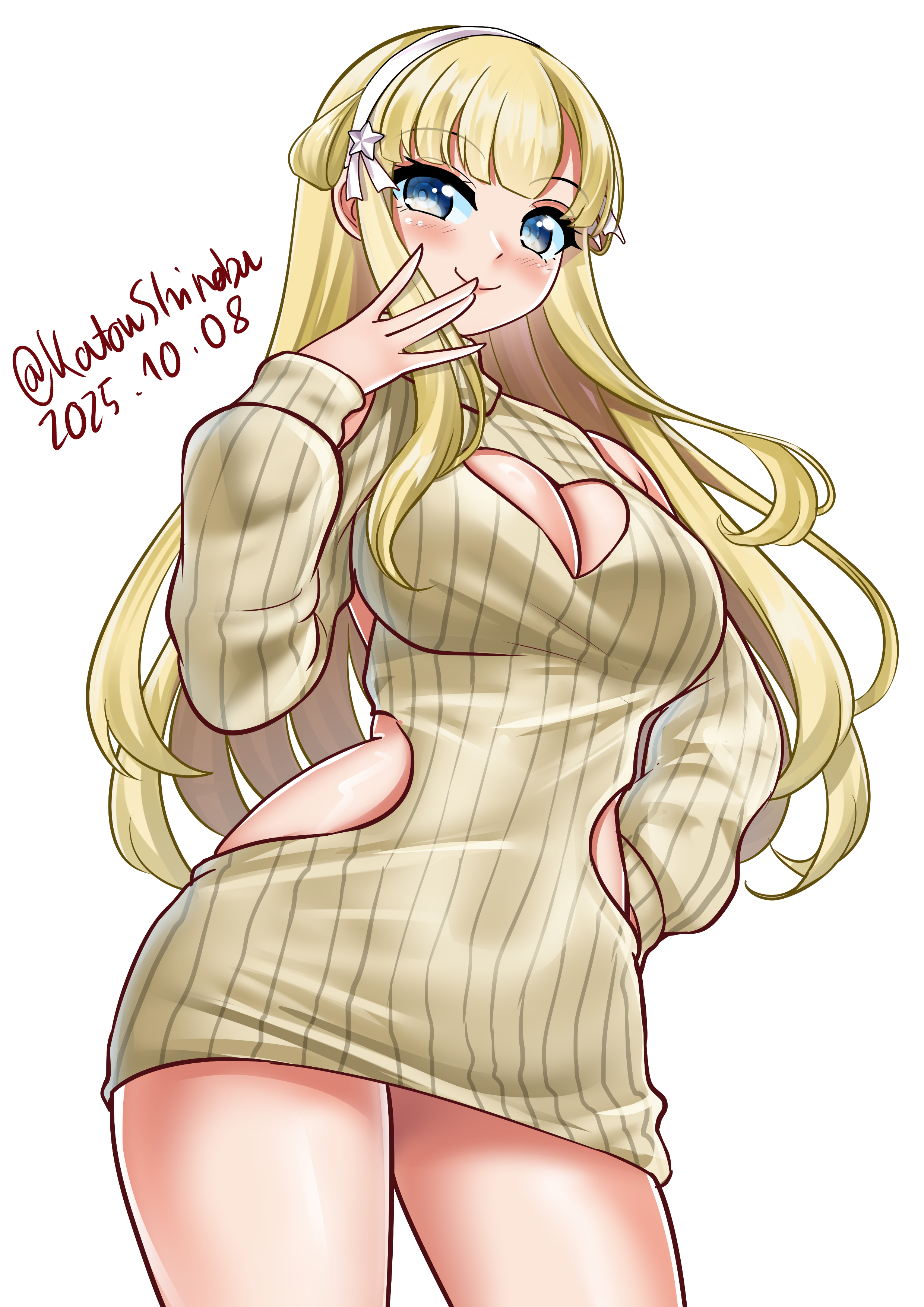 katou shinobu, fletcher (kancolle), kantai collection, absurdres, highres, 1girl, blonde hair, blue eyes, breasts, cleavage cutout, clothing cutout, dated, double bun, dress, hair bun, hair ornament, hairband, heart cutout, large breasts, long hair, long sleeves, looking at viewer, shoulder cutout, side cutout, simple background, smile, solo, star (symbol), star hair ornament, sweater, sweater dress, very long hair, white background, white hairband, yellow sweater