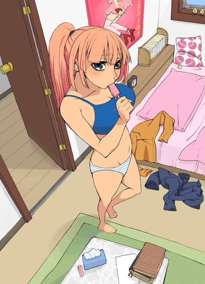 hidarikiki, original, 1girl, alarm clock, barefoot, bed, bedroom, blue eyes, book, bookshelf, bra, breasts, camisole, carpet, cleavage, clock, clothes on floor, door, eating, feet, female focus, food, foreshortening, from above, high heels, indoors, jacket, large breasts, long hair, navel, orange hair, panties, pantyshot, pillow, pink hair, ponytail, popsicle, poster (object), room, shoes, solo, sports bra, stomach, striped clothes, striped panties, sweat, tank top, thighhighs, tissue, tissue box, underwear, underwear only, window, wooden floor, wristband